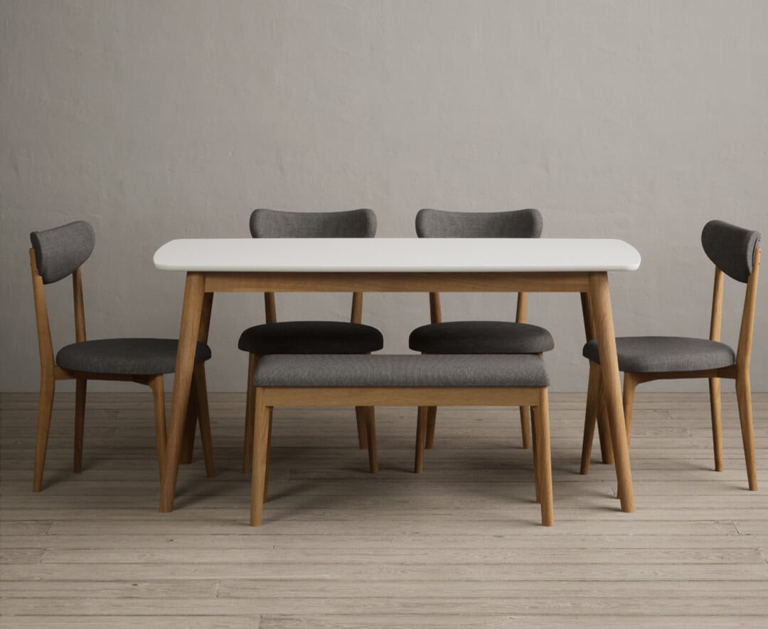 Nordic 150cm Solid Oak And Signal White Painted Dining Table With 2 Grey Nordic Chairs With 2 Grey Benches