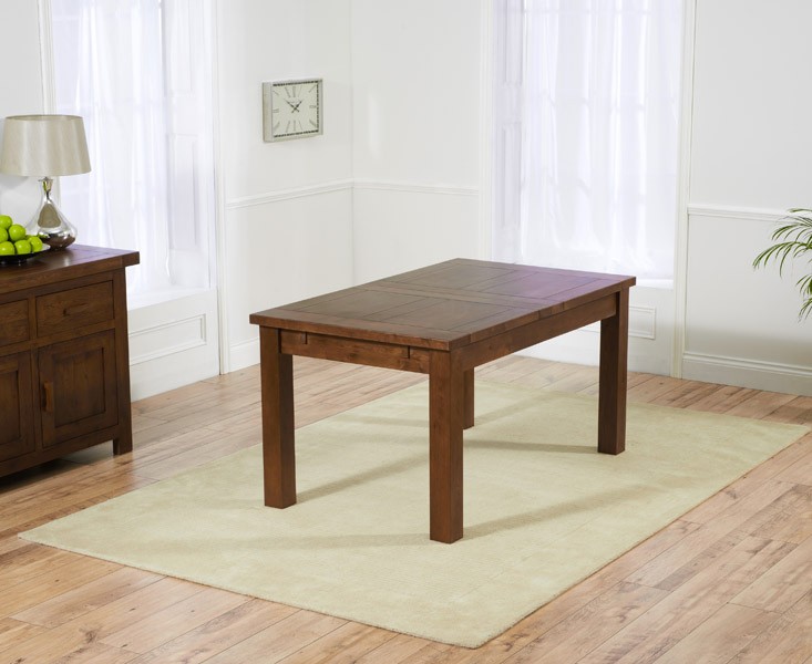 Photo 2 of Normandy 150cm dark solid oak extending dining table with 4 natural darcy fabric dark oak leg chairs