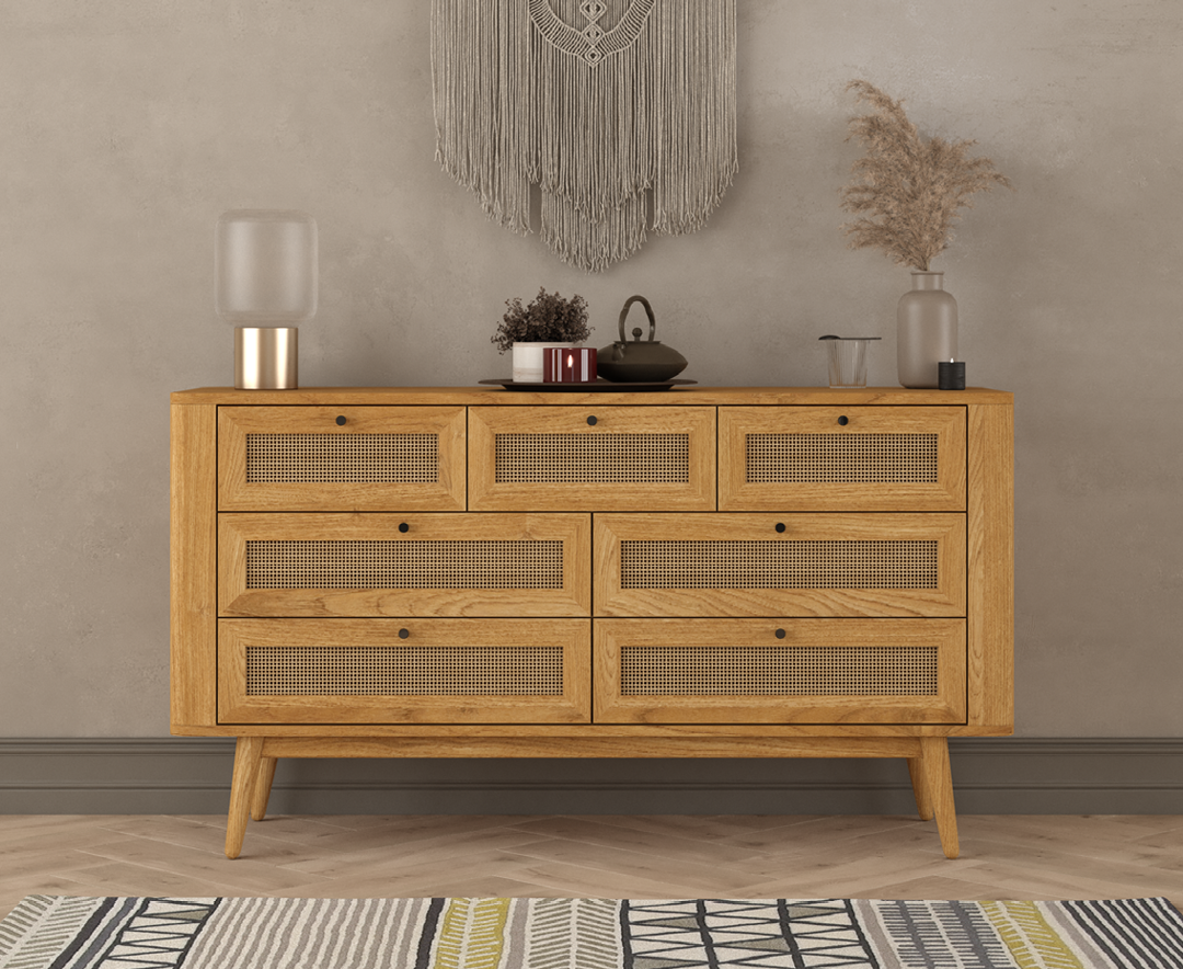 Product photograph of Oak Rattan Wide Chest Of Drawers from Oak Furniture Superstore
