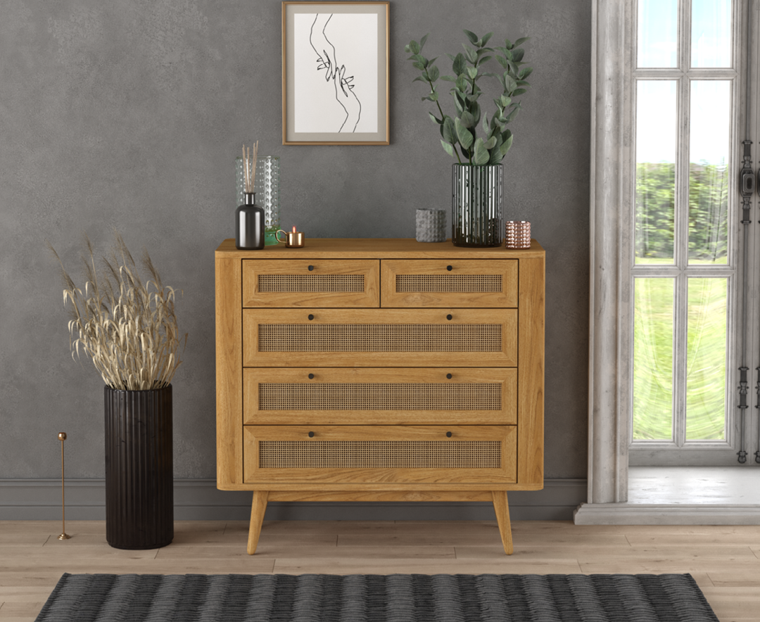 Product photograph of Oak Rattan 2 Over 3 Chest Of Drawers from Oak Furniture Superstore