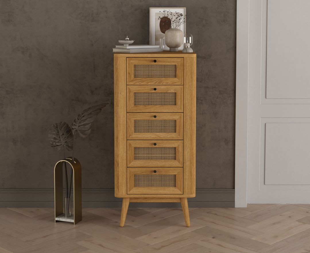 Product photograph of Oak Rattan 5 Drawer Tallboy Chest from Oak Furniture Superstore