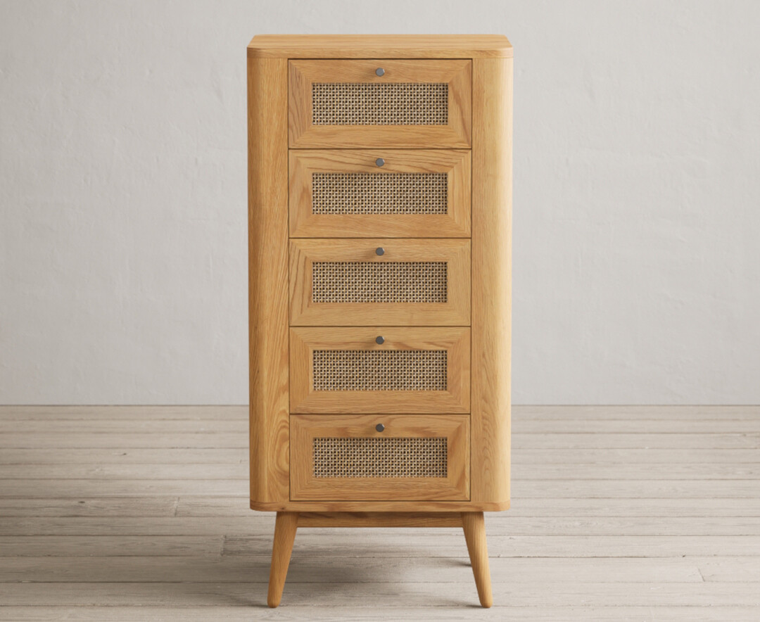 Product photograph of Oak Rattan 5 Drawer Tallboy Chest from Oak Furniture Superstore