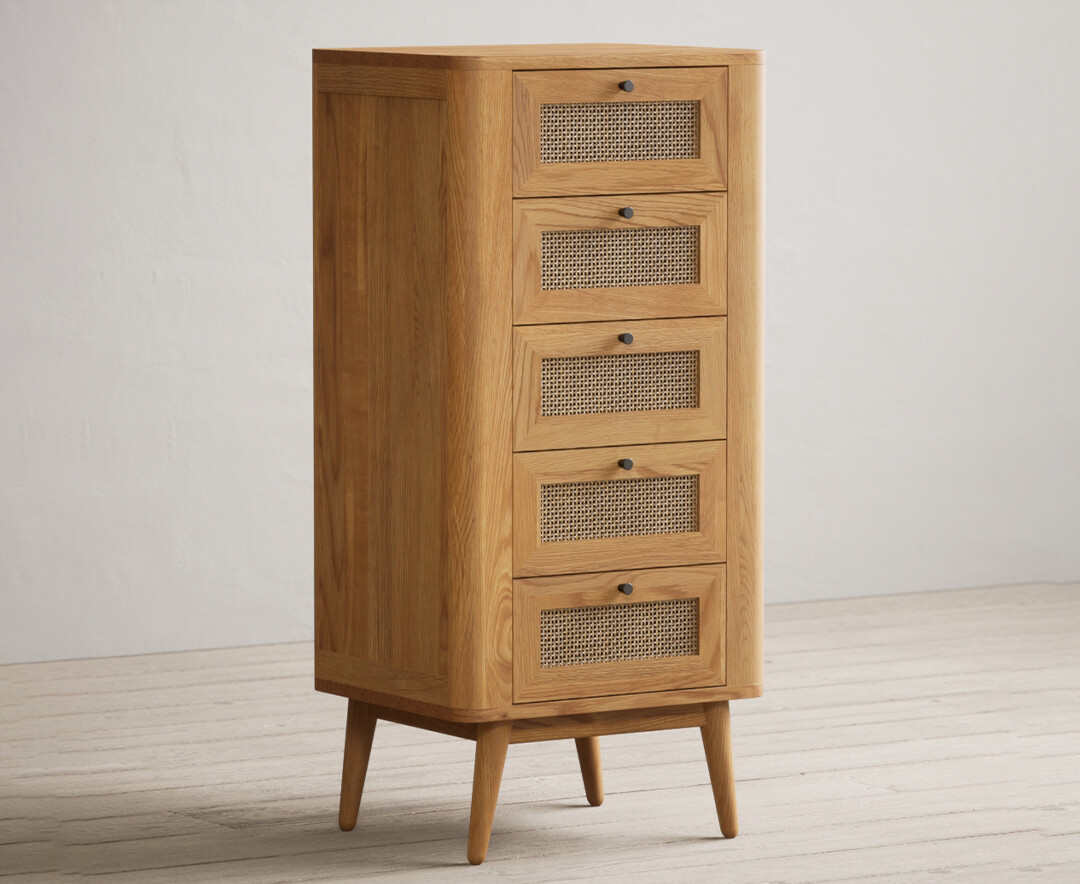 Photo 1 of Oak rattan 5 drawer tallboy chest