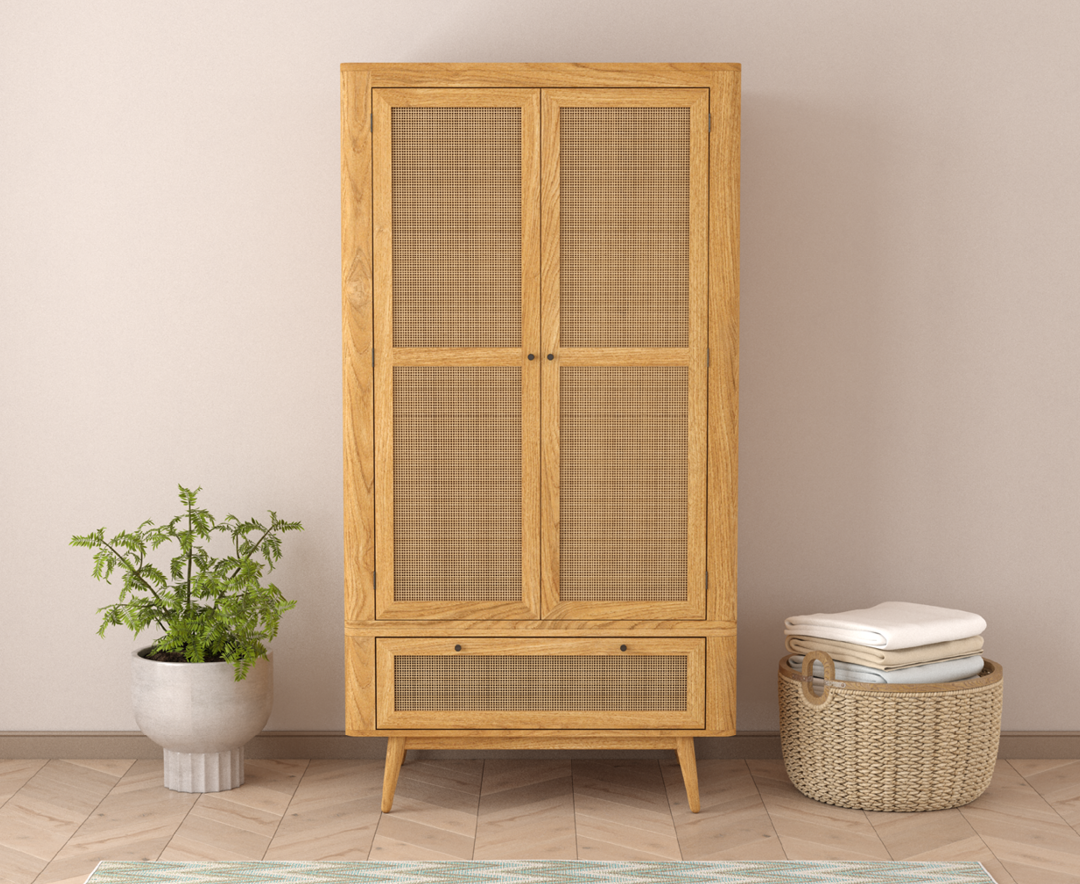 Oak Rattan Double Wardrobe