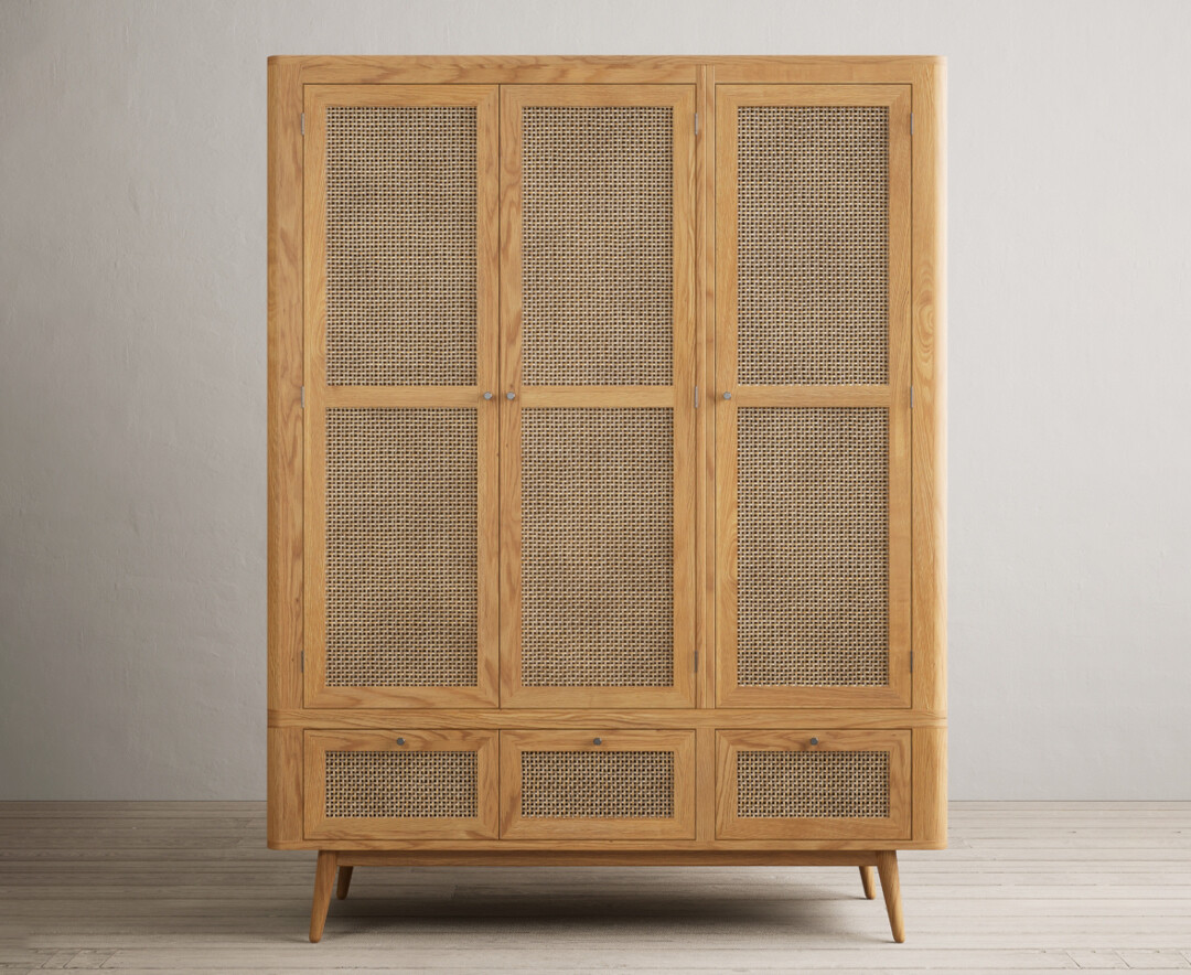 Product photograph of Oak Rattan Triple Wardrobe from Oak Furniture Superstore