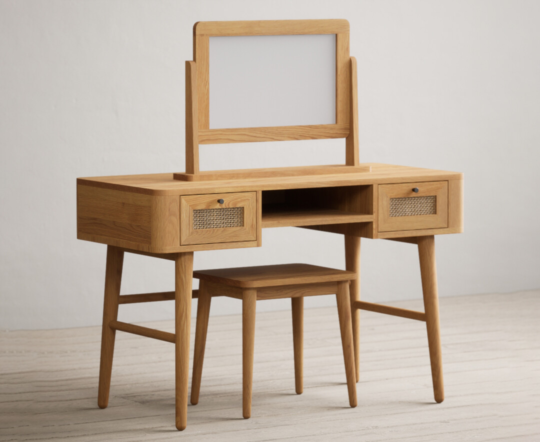 Oak Rattan Dressing Table Set