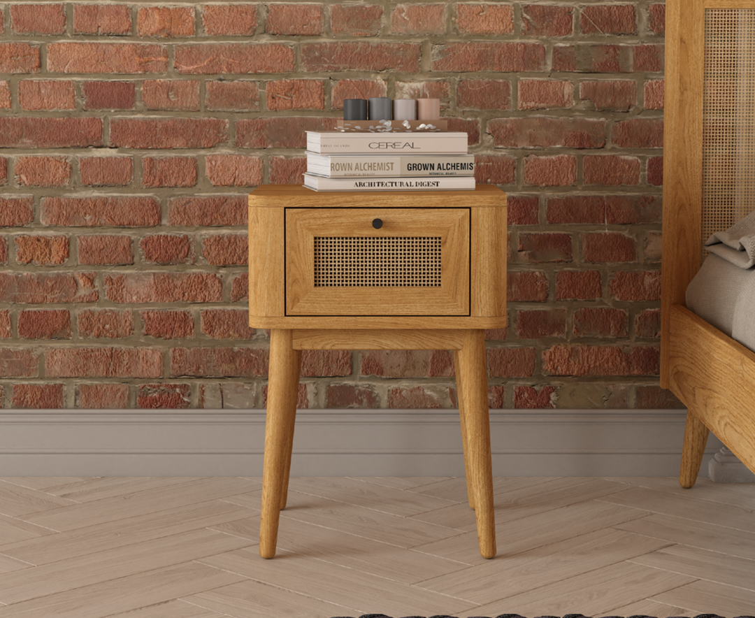 Oak Rattan Bedside Table