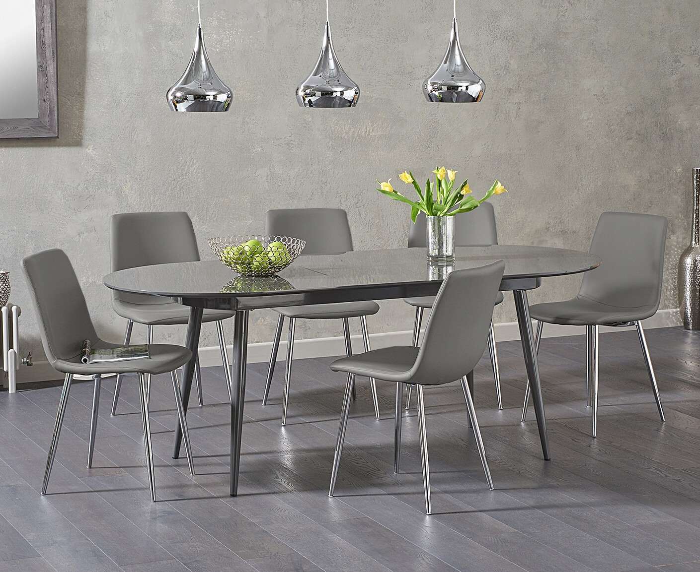Product photograph of Olivia Extending Dark Grey High Gloss Dining Table With 6 Grey Astrid Faux Leather Chairs from Oak Furniture Superstore