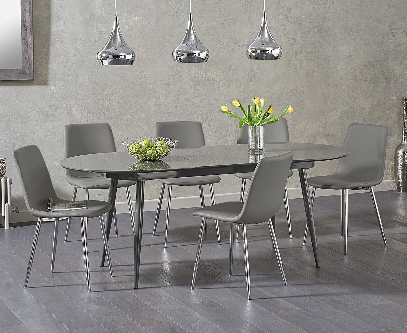 Olivia Extending Dark Grey High Gloss Dining Table With 8 Grey Astrid Faux Leather Chairs