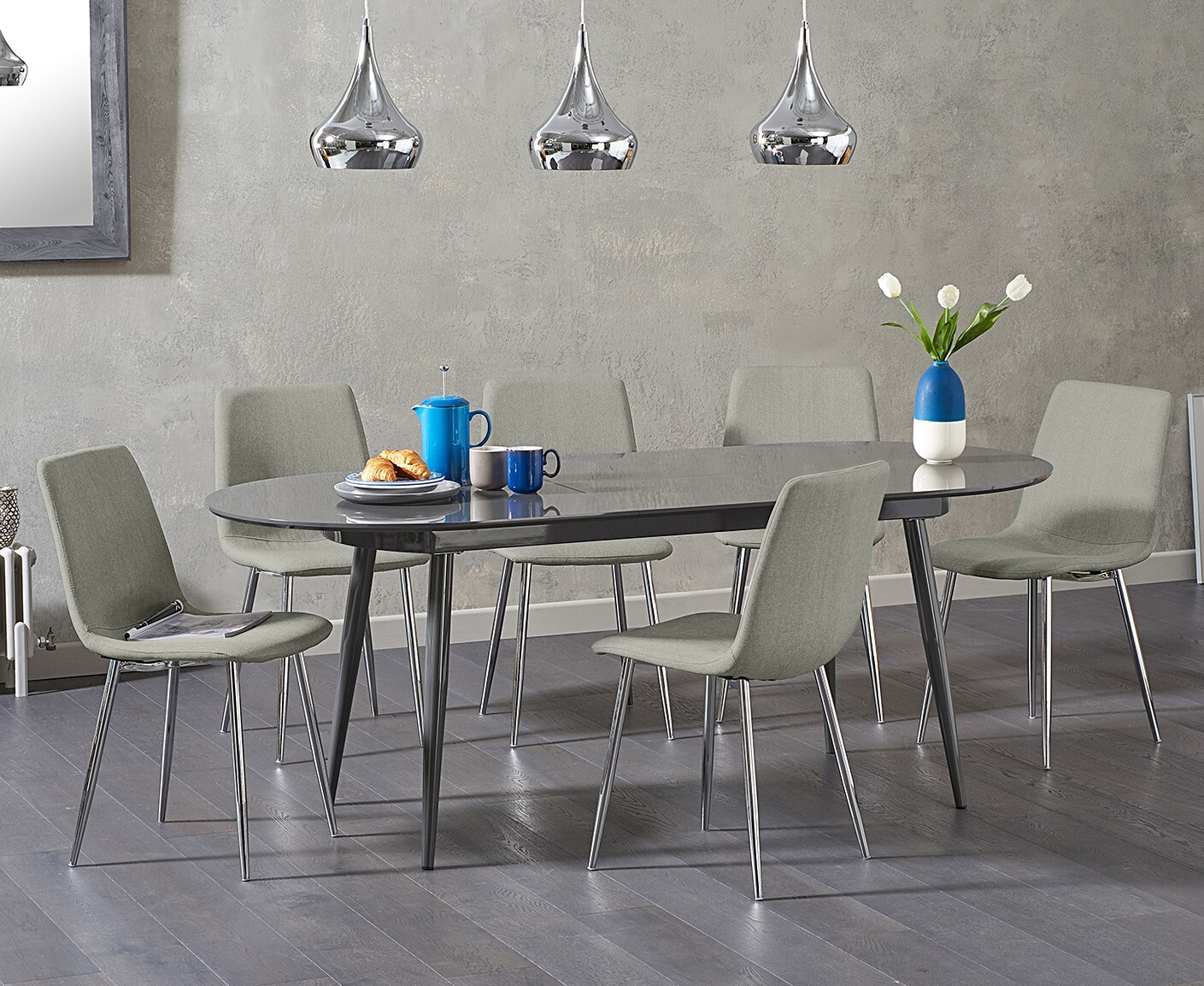 Product photograph of Olivia Extending Dark Grey High Gloss Dining Table With 6 Grey Astrid Fabric Chairs from Oak Furniture Superstore