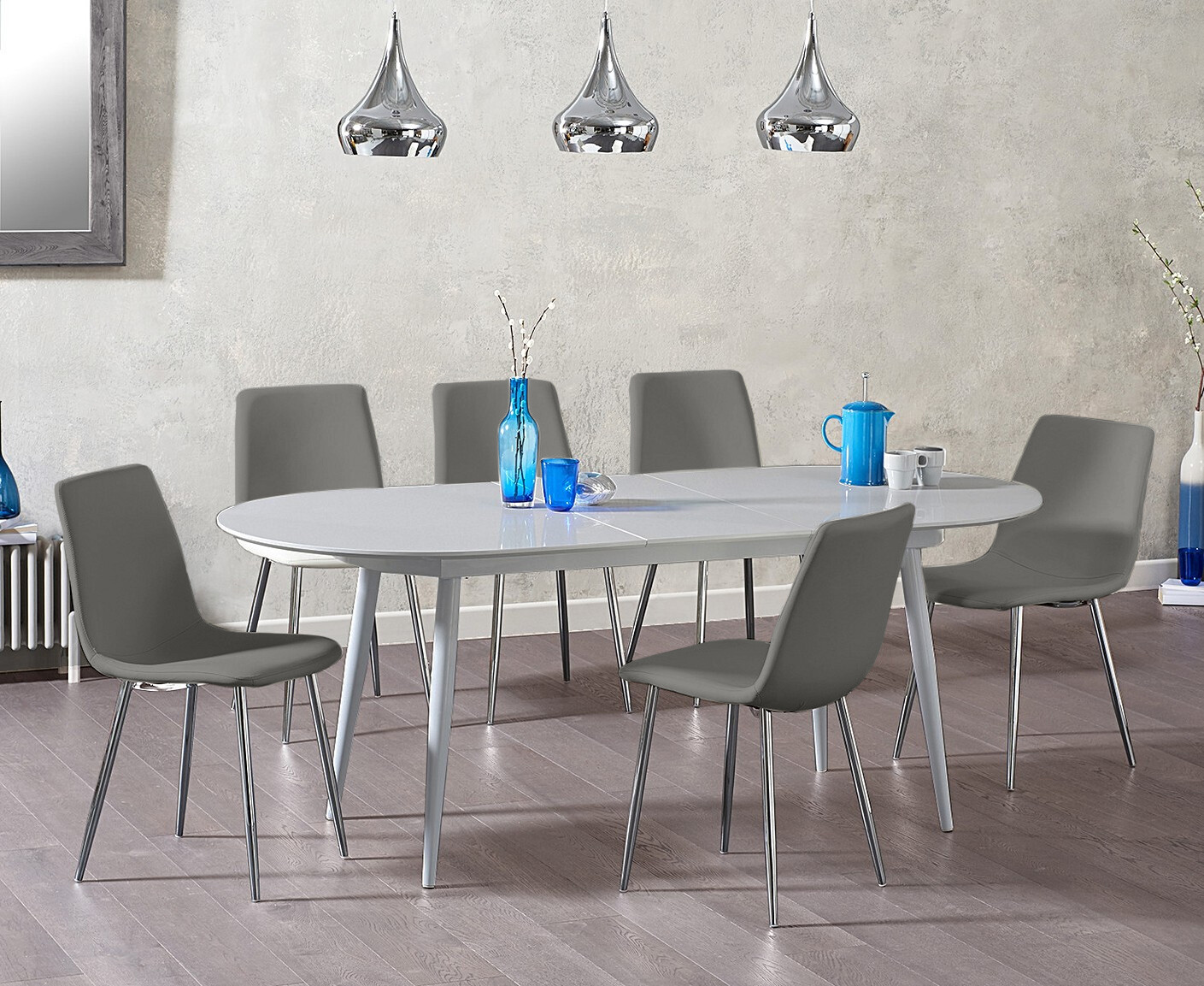 Product photograph of Olivia Extending Light Grey High Gloss Dining Table With 4 Grey Astrid Faux Leather Chairs from Oak Furniture Superstore