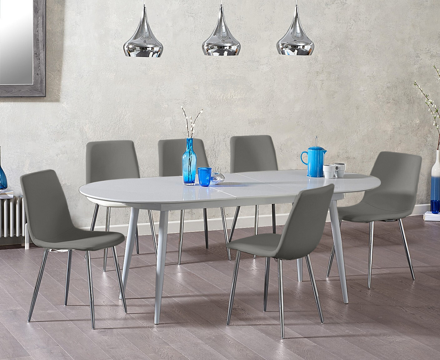 Product photograph of Extending Veneti Light Grey High Gloss Dining Table With 6 Grey Chairs from Oak Furniture Superstore