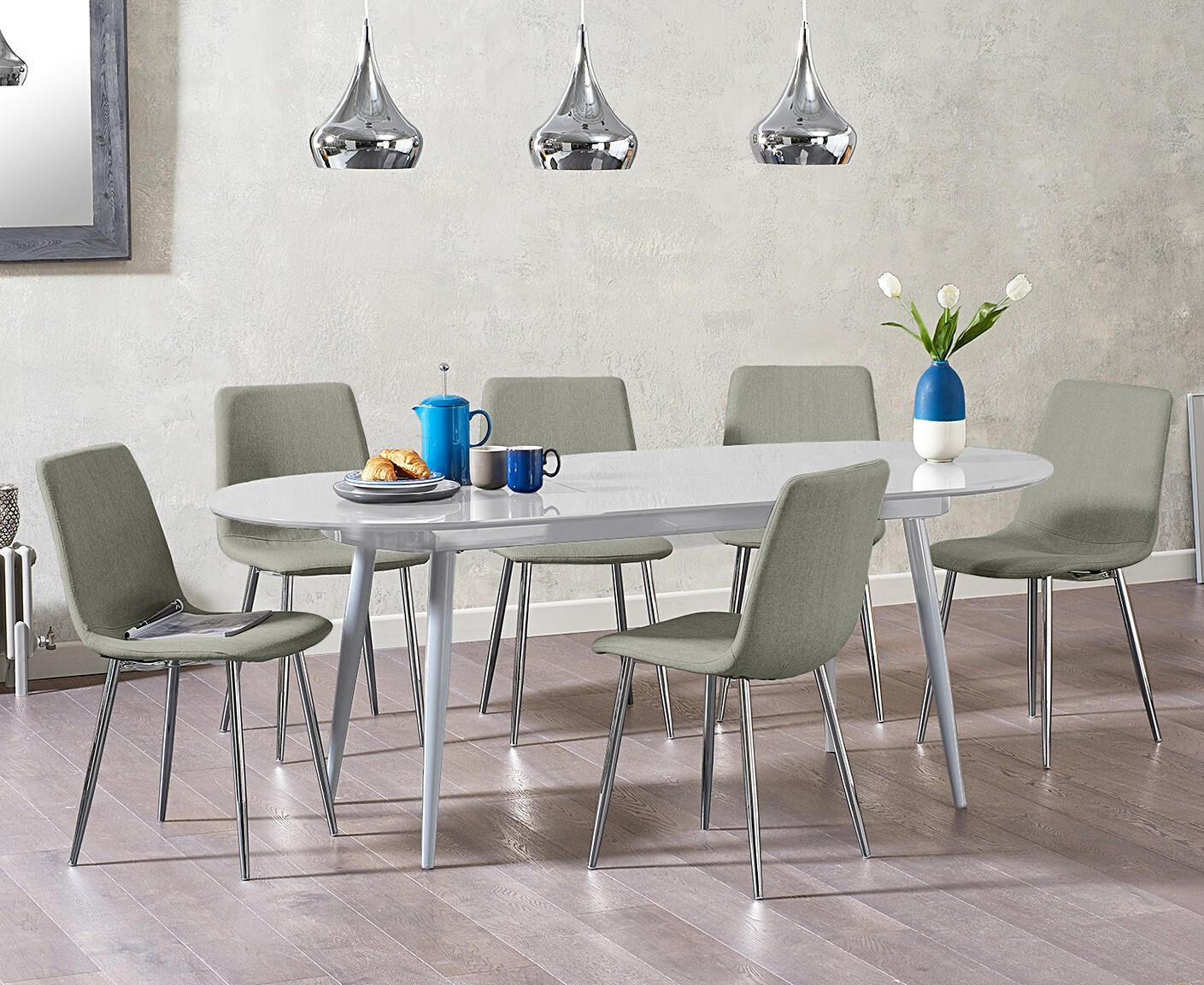 Product photograph of Olivia Extending Light Grey High Gloss Dining Table With 4 Grey Astrid Fabric Chairs from Oak Furniture Superstore