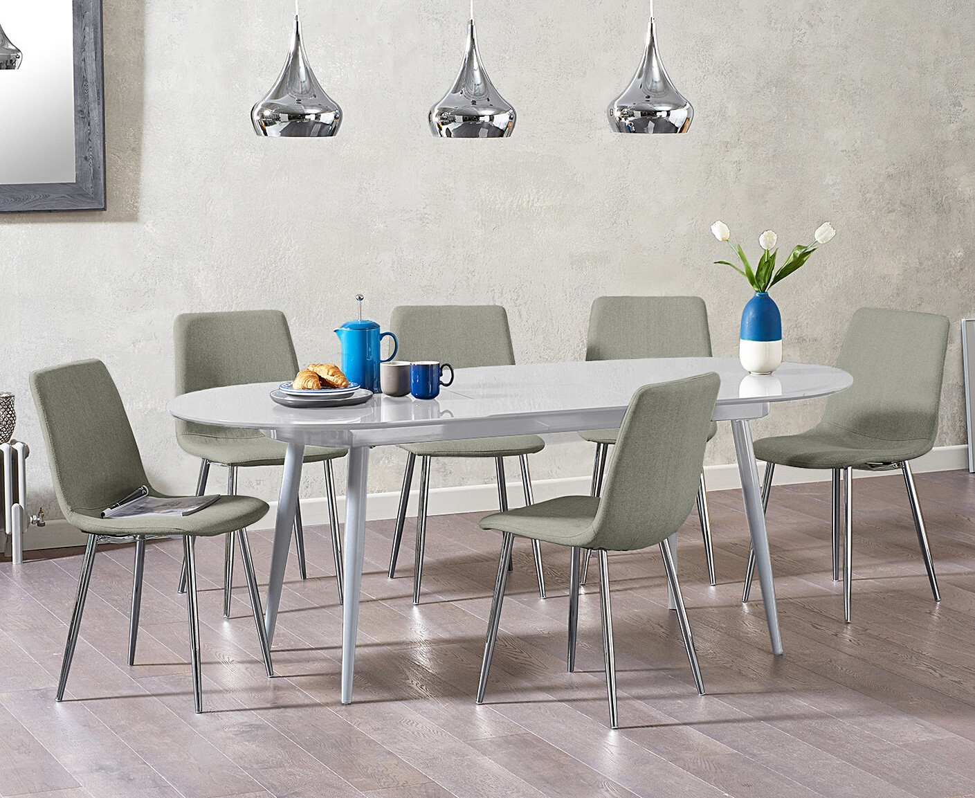Product photograph of Extending Veneti Light Grey High Gloss Dining Table With 6 Grey Chairs from Oak Furniture Superstore