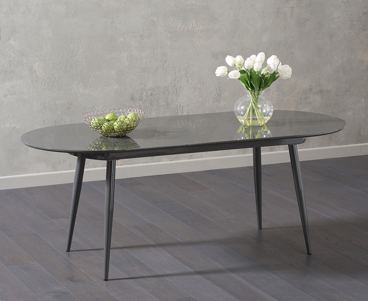 Photo 1 of Olivia extending dark grey high gloss dining table with 6 grey astrid faux leather chairs