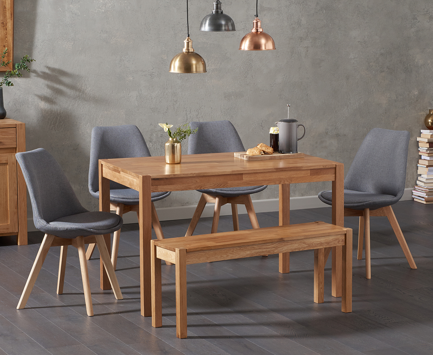 Product photograph of York 120cm Solid Oak Dining Table With 4 Dark Grey Orson Fabric Chairs And 1 Bench from Oak Furniture Superstore