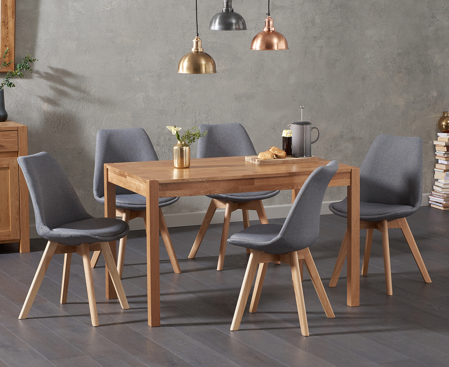 Product photograph of York 120cm Solid Oak Dining Table With 6 Dark Grey Orson Chairs from Oak Furniture Superstore