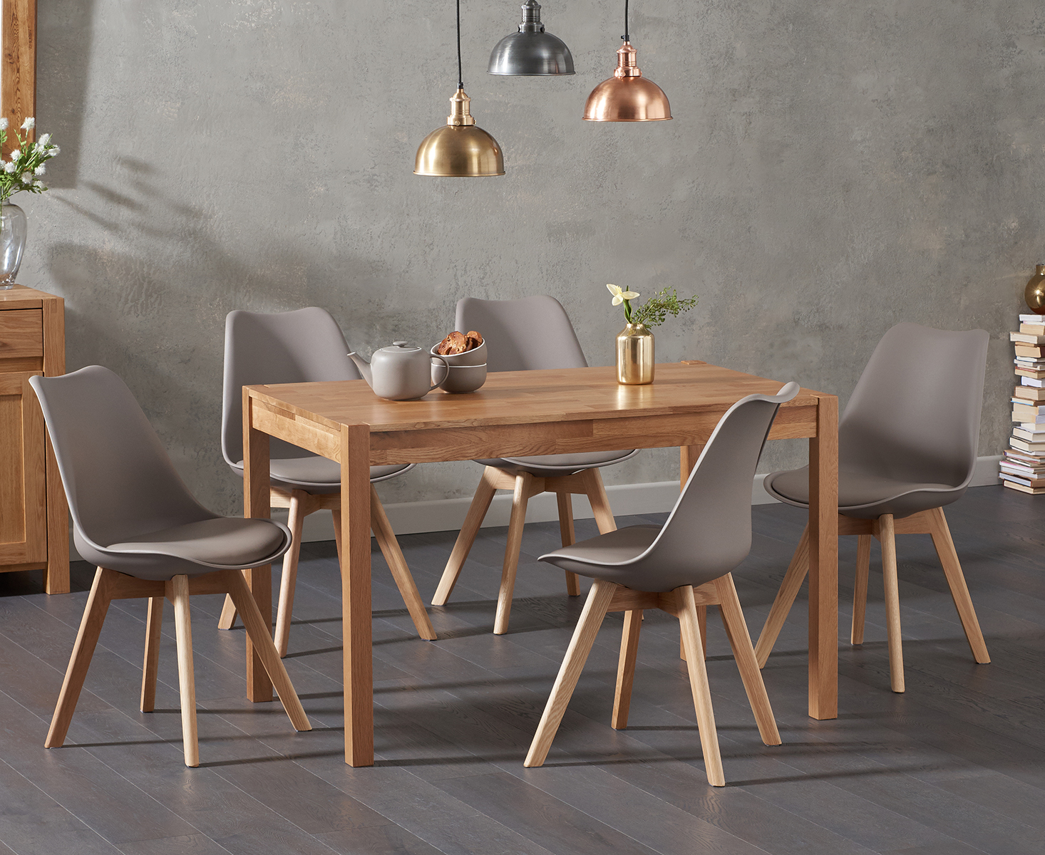 Product photograph of York 120cm Solid Oak Dining Table With 4 Mink Orson Faux Leather Chairs from Oak Furniture Superstore