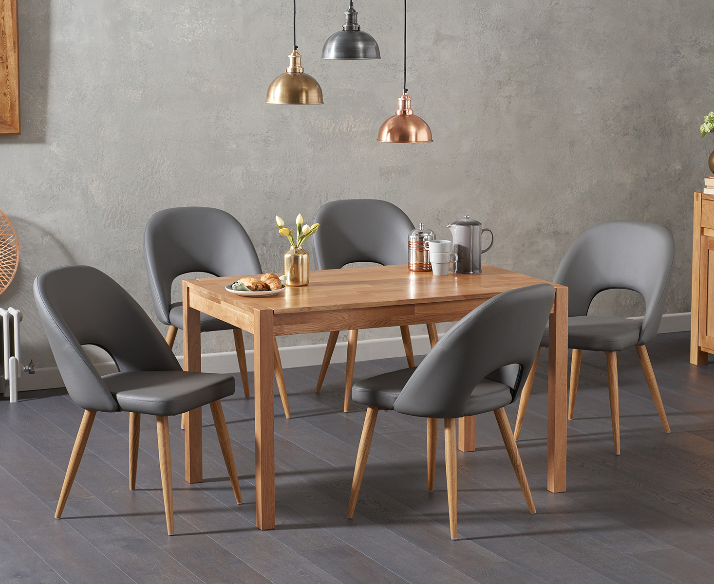 York 120cm Solid Oak Dining Table With 4 Grey Hudson Faux Leather Chairs