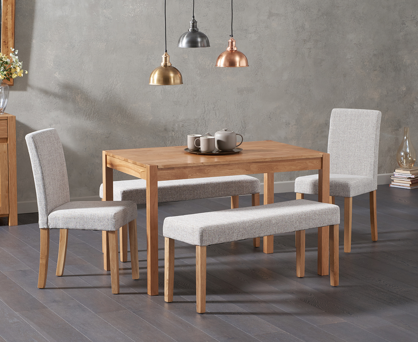 Product photograph of York 120cm Solid Oak Dining Table With 2 Grey Lila Grey Chairs And 2 Bencheses from Oak Furniture Superstore