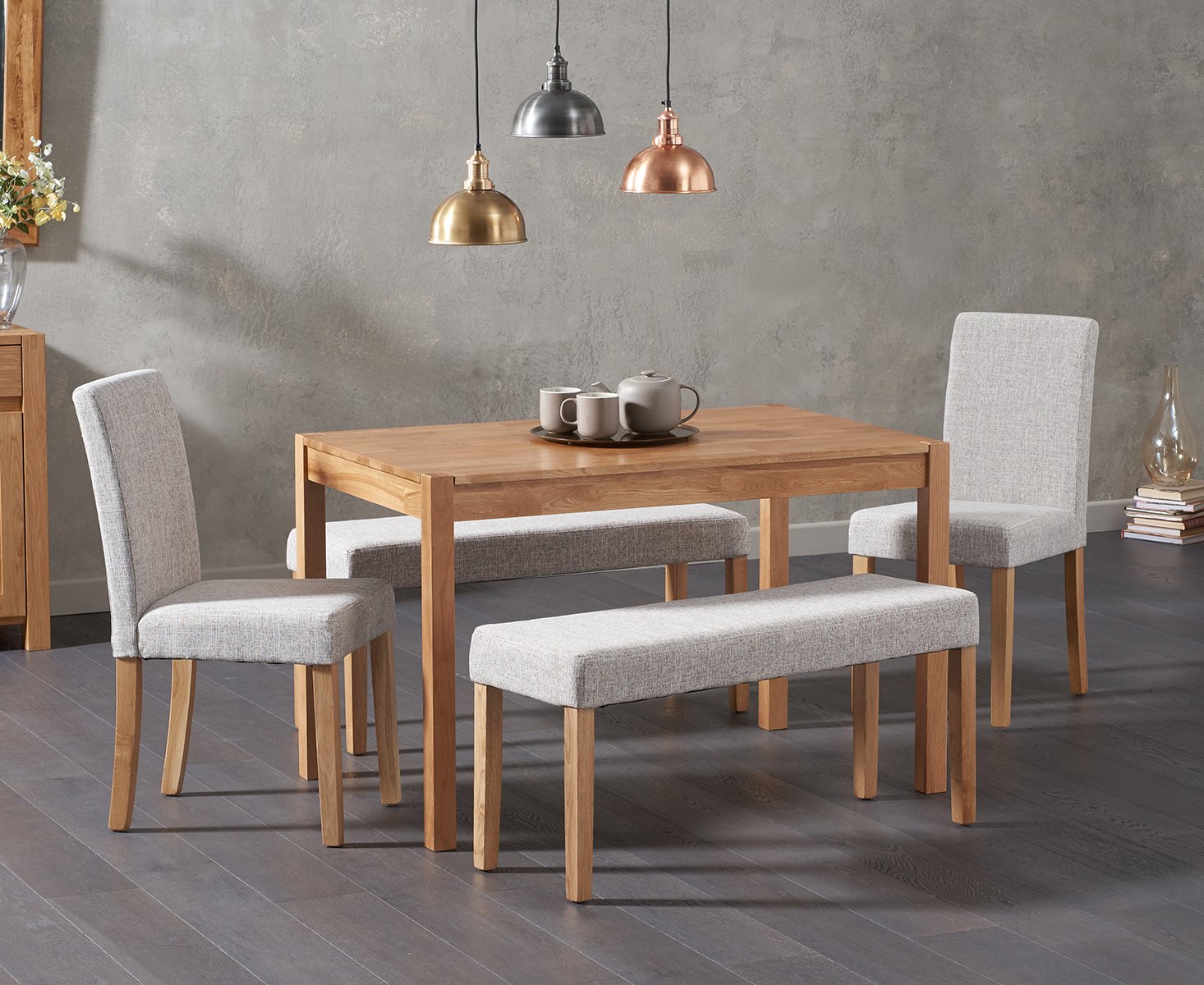 York 120cm Solid Oak Dining Table With 4 Grey Lila Chairs And 1 Grey Benches
