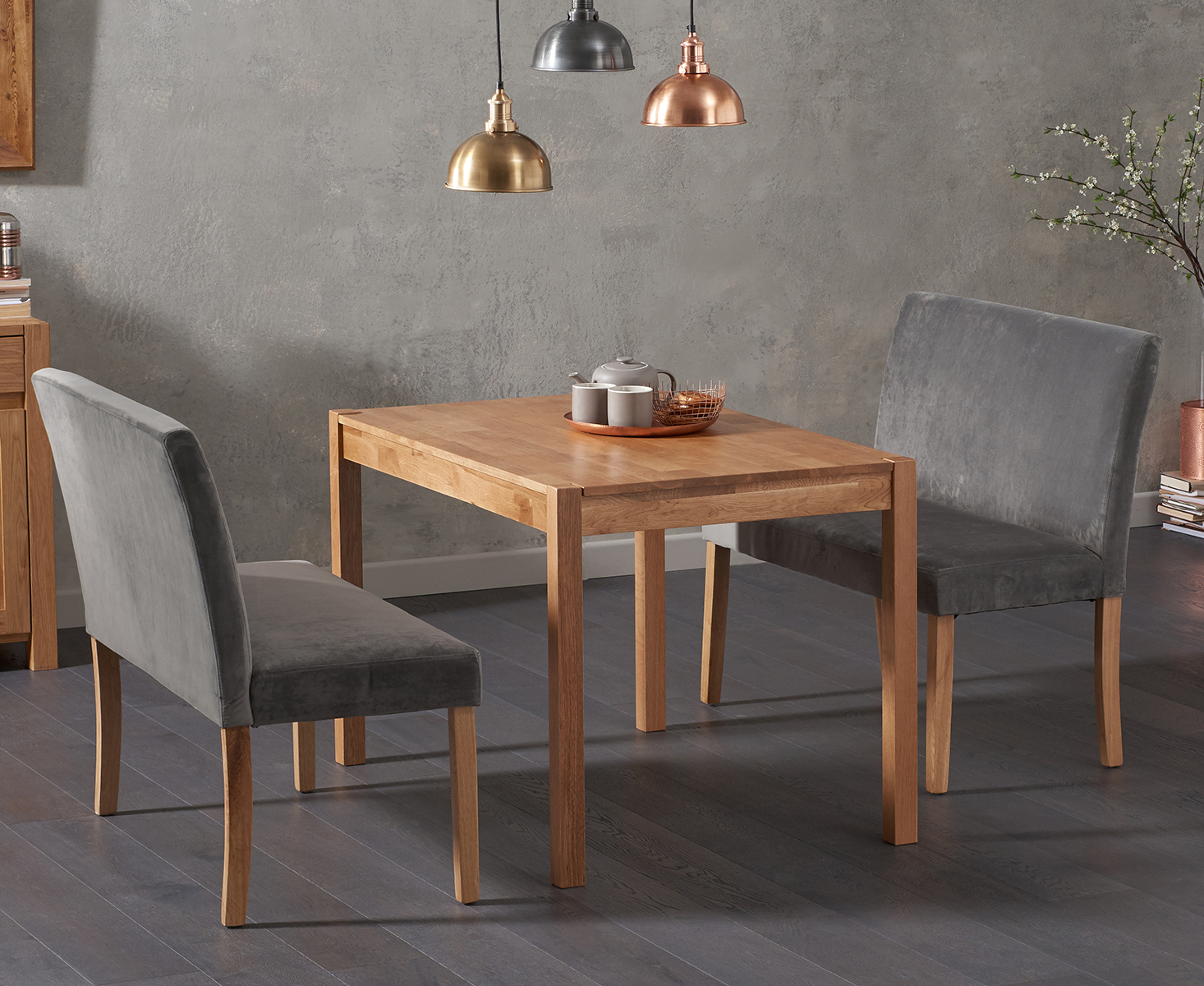 Product photograph of York 120cm Solid Oak Dining Table With Lila Grey Velvet Benches With Backs from Oak Furniture Superstore