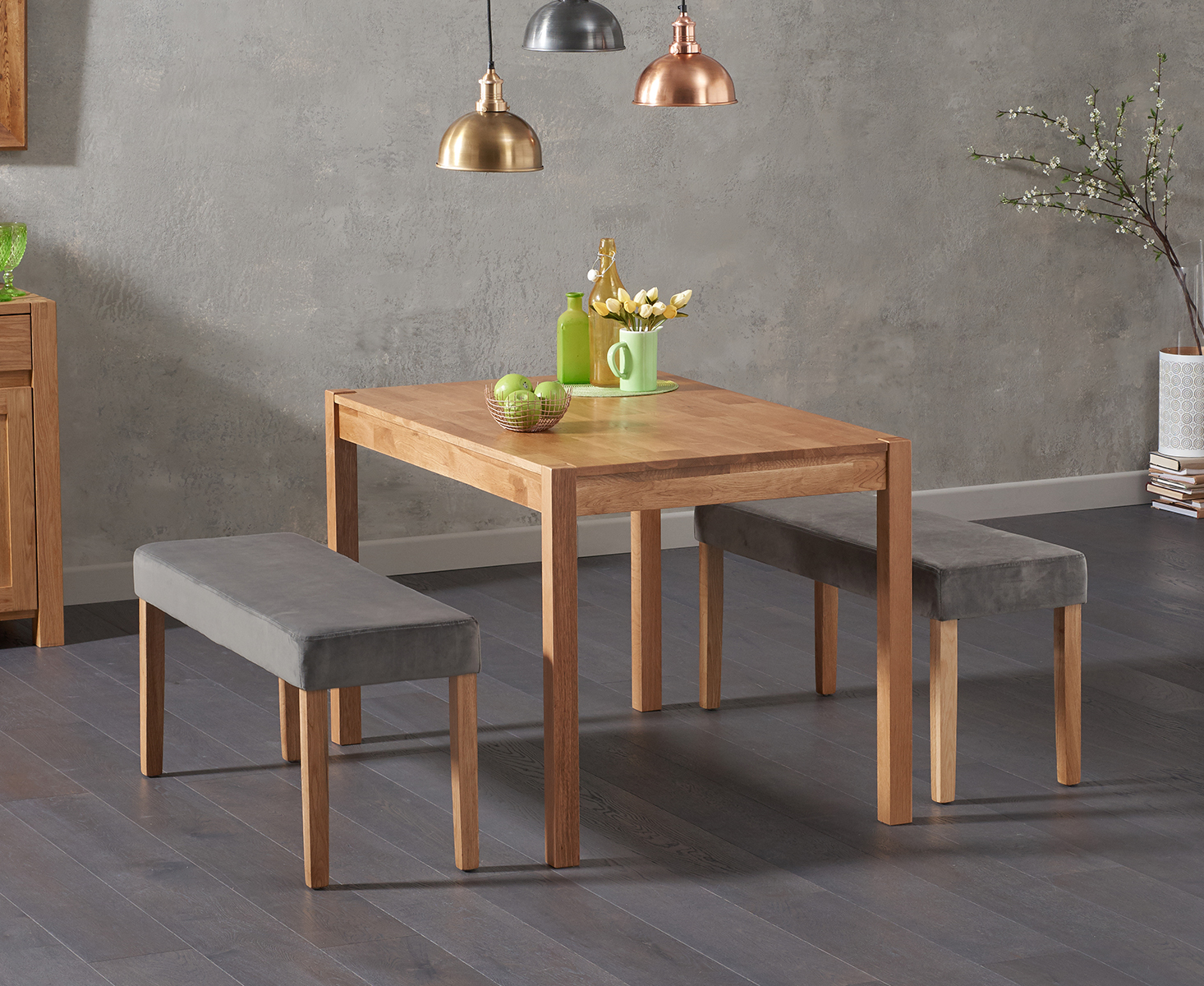 York 120cm Solid Oak Dining Table With Lila Grey Velvet Benches