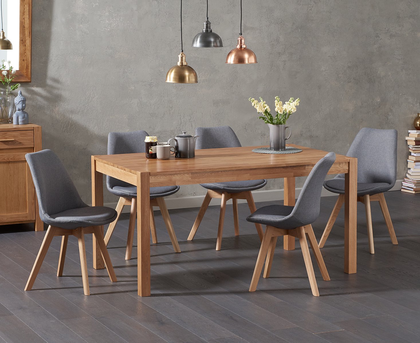 Oxford Solid Oak 150cm Dining Table With 6 Dark Grey Orson Chairs