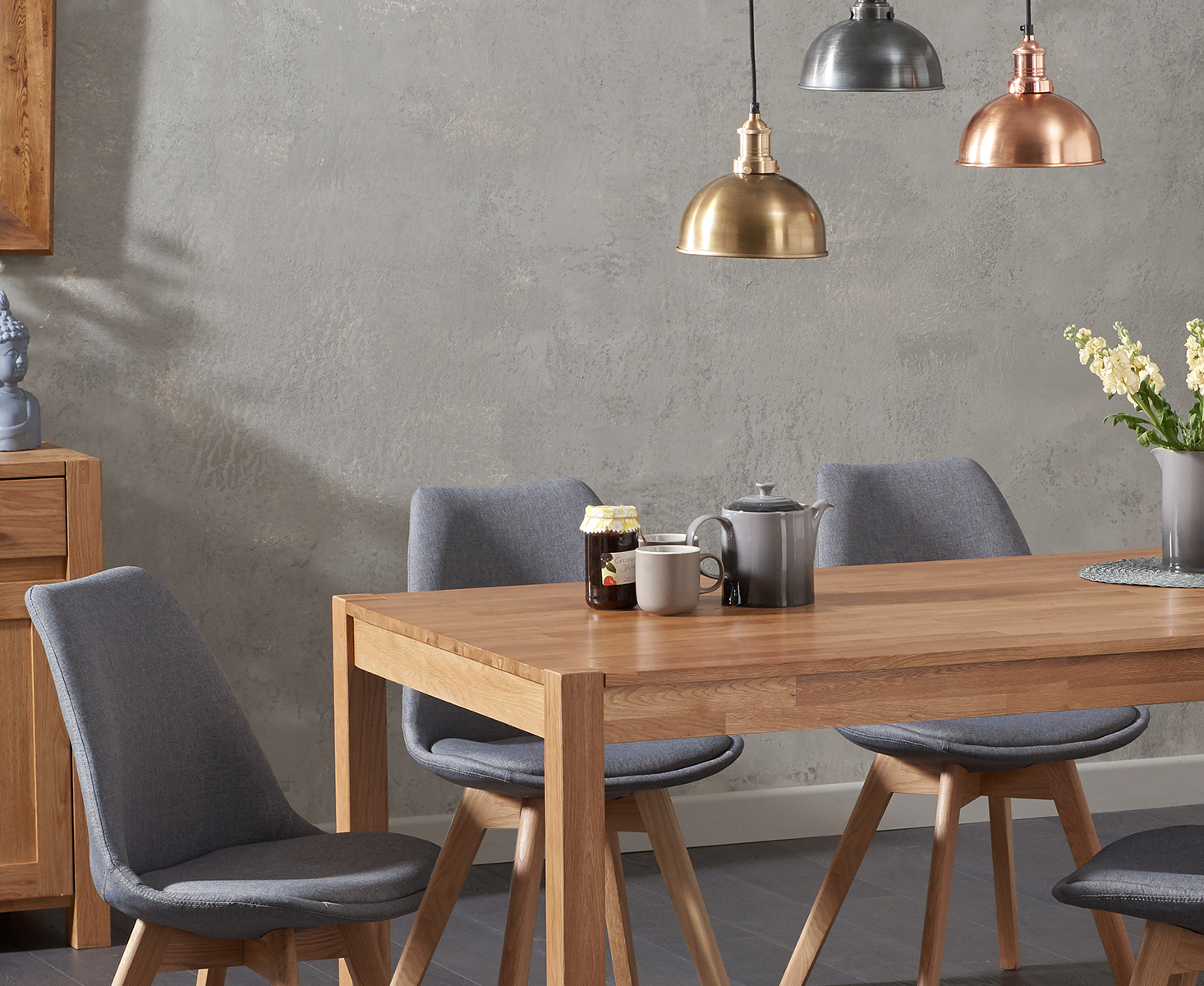 Photo 1 of Oxford 150cm solid oak dining table with 8 light grey orson fabric chairs