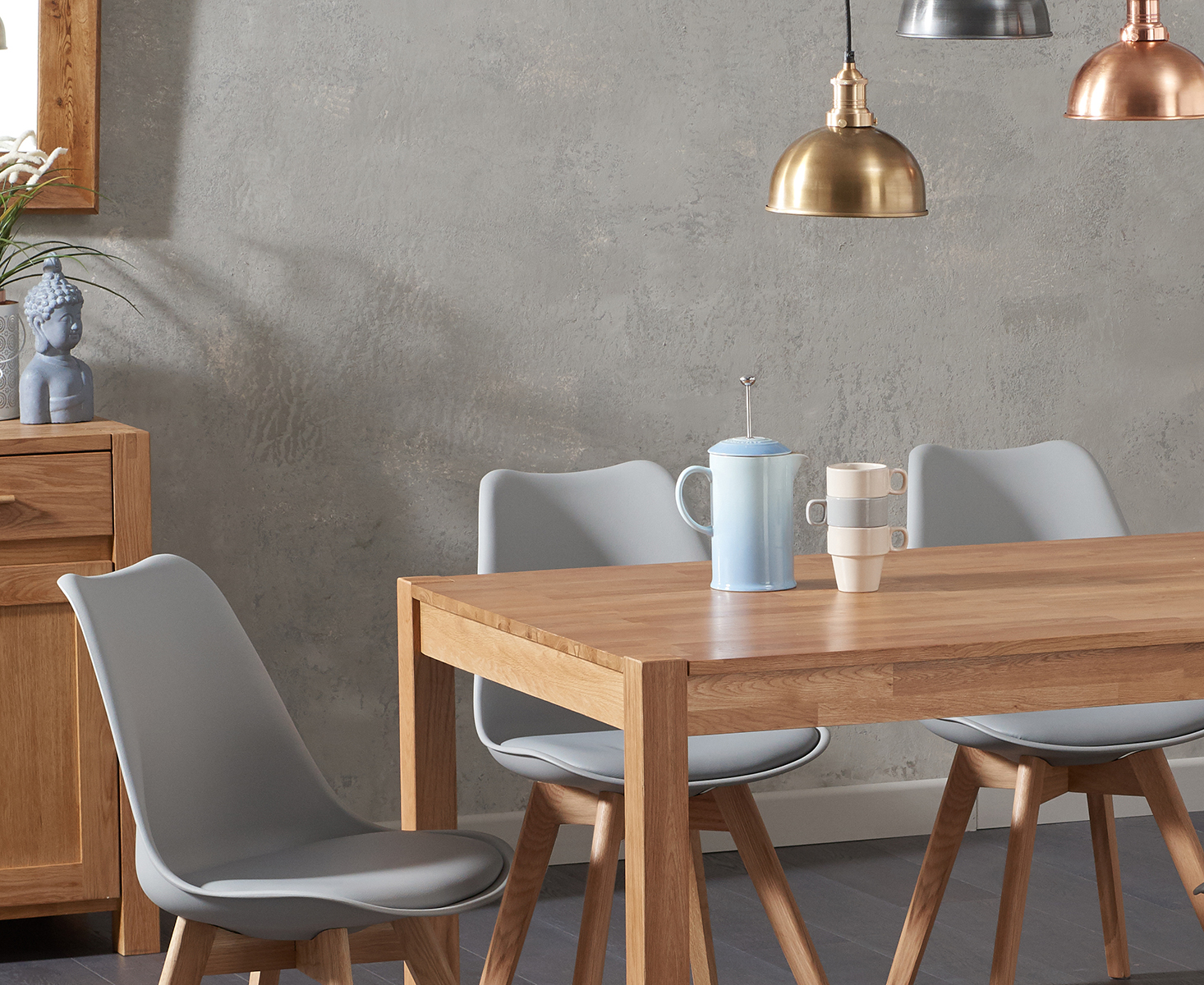 Photo 1 of Oxford 150cm solid oak dining table with 6 light grey orson faux leather chairs