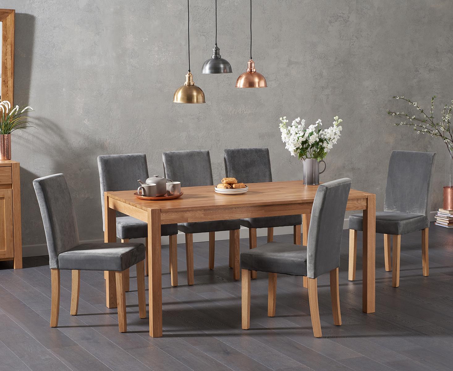 Product photograph of Oxford 150cm Solid Oak Dining Table With 4 Grey Lila Grey Velvet Chairs from Oak Furniture Superstore