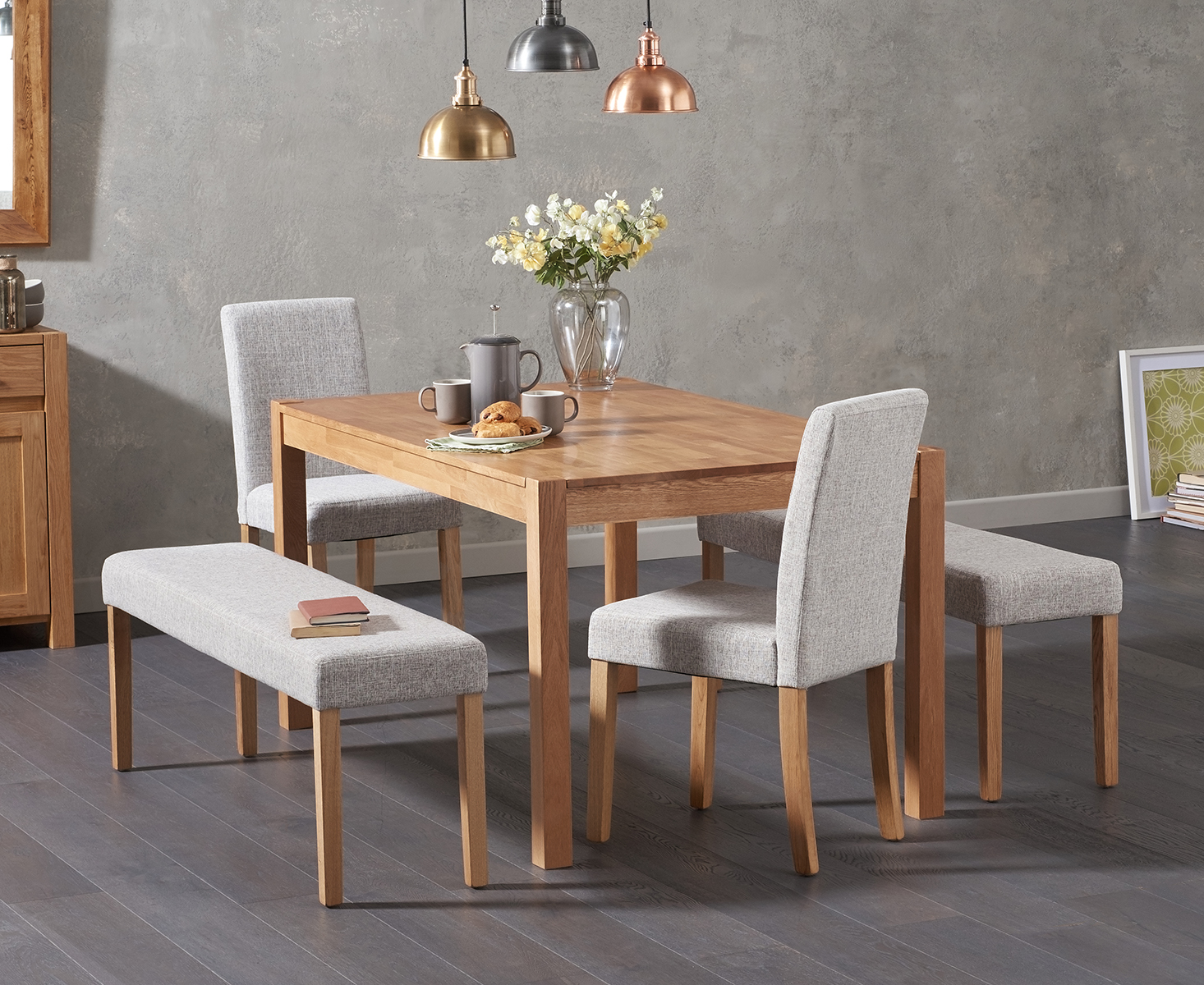 Product photograph of Oxford Solid Oak 150cm Dining Table With 2 Grey Lila Chairs With 2 Grey Benches from Oak Furniture Superstore