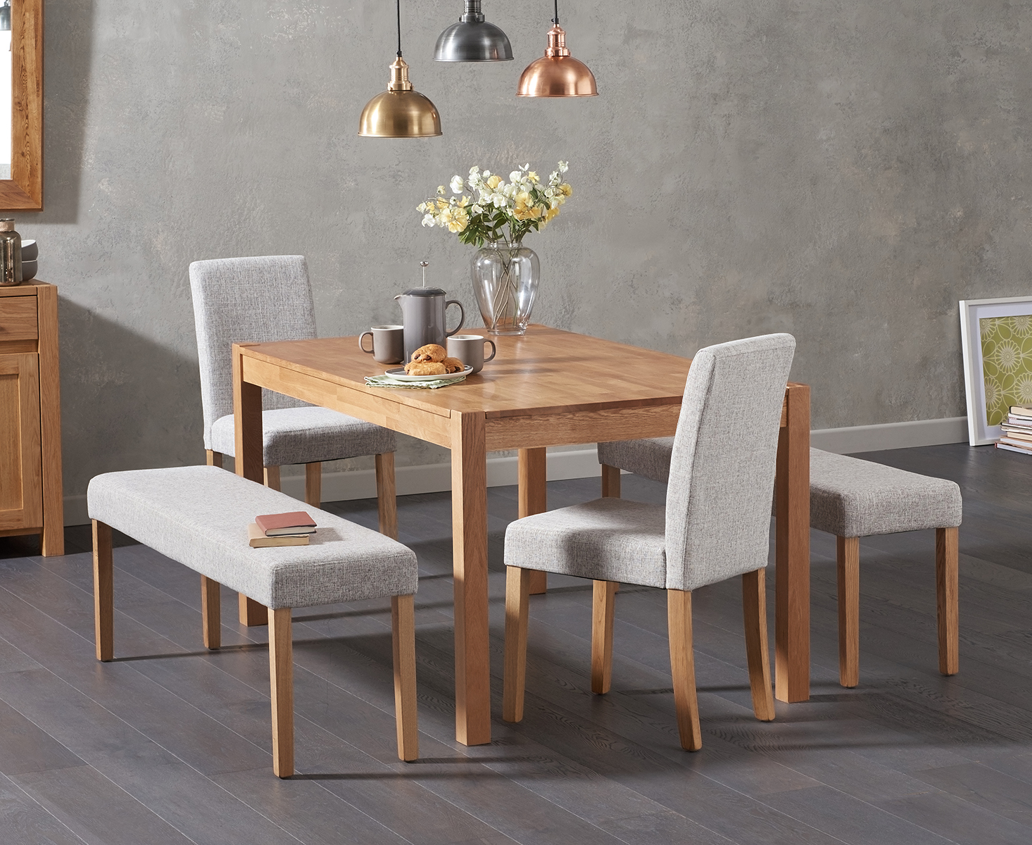 Oxford Solid Oak 150cm Dining Table With 2 Grey Lila Chairs With 2 Grey Benches