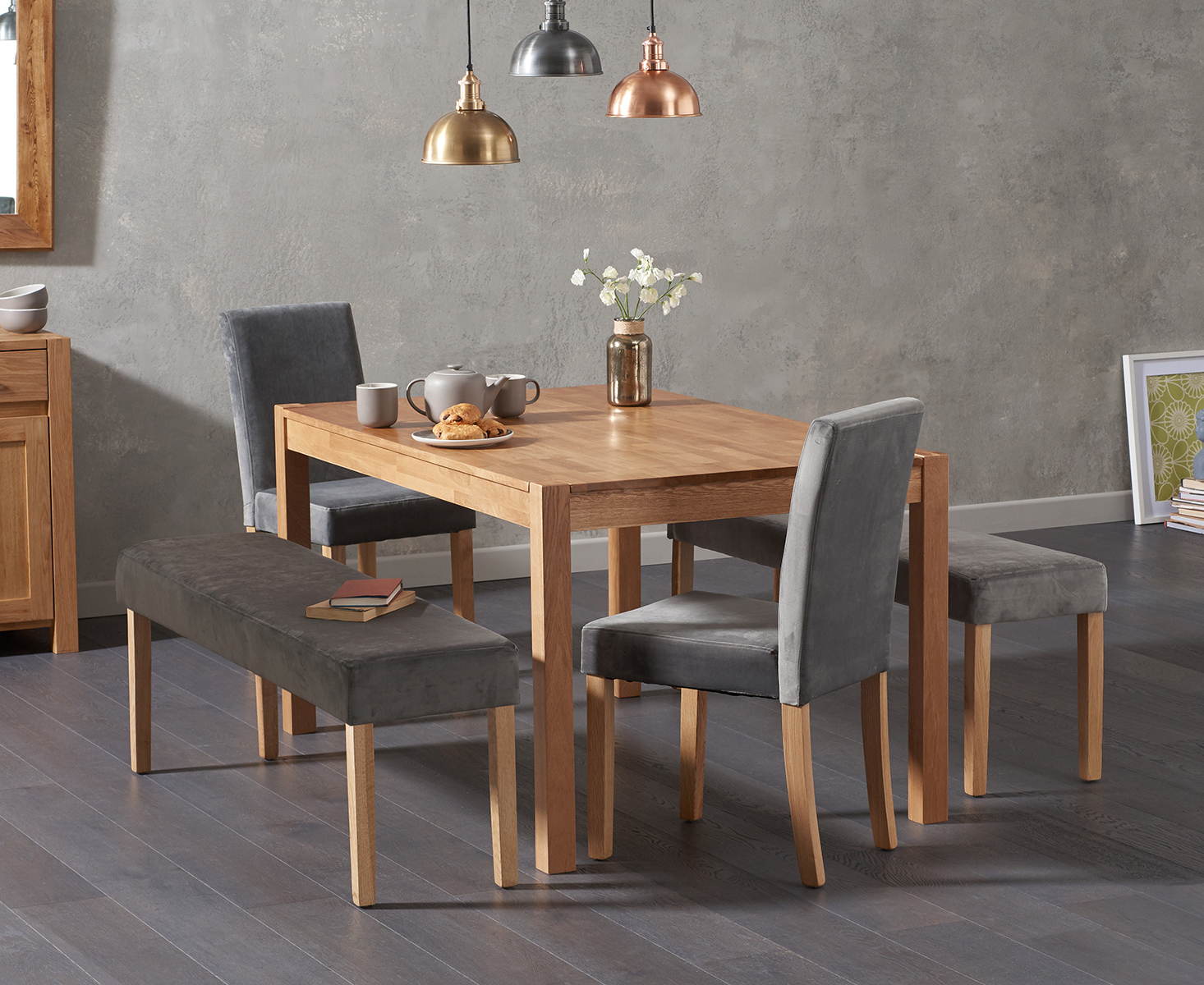 Product photograph of Oxford 150cm Solid Oak Dining Table With Lila Large Grey Velvet Benches And Lila Velvet Chairs from Oak Furniture Superstore