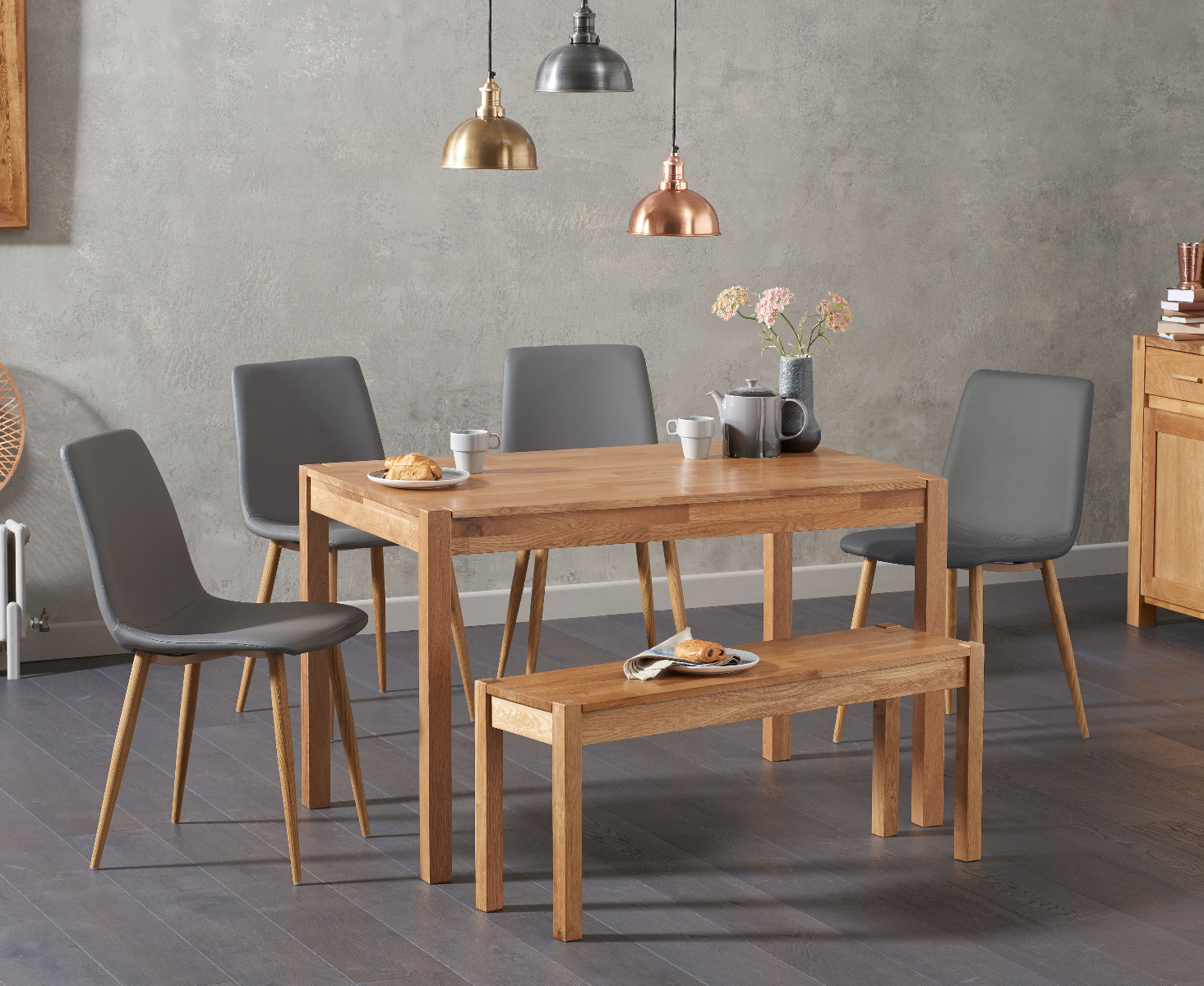 Product photograph of York 120cm Solid Oak Table With 2 Grey Astrid Faux Leather Chairs And 1 York Bench from Oak Furniture Superstore