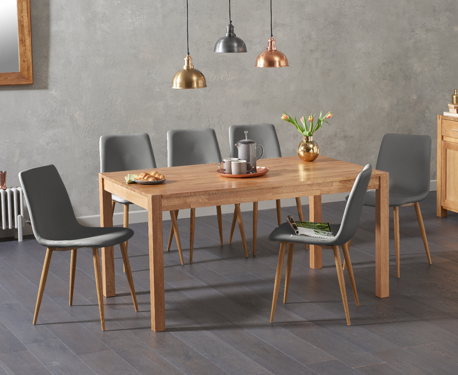 Oxford 150cm Solid Oak Dining Table With 6 Grey Astrid Faux Leather Chairs