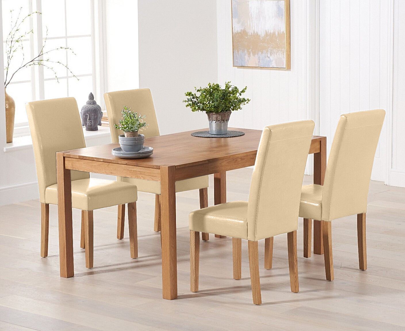 Product photograph of York 120cm Solid Oak Dining Table With 6 Cream Olivia Chairs from Oak Furniture Superstore