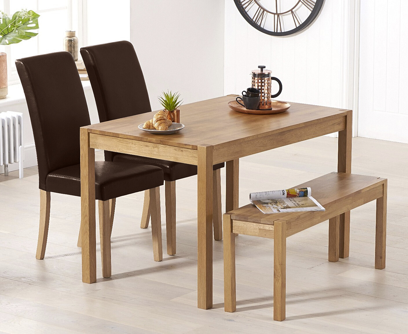 Product photograph of York 120cm Solid Oak Dining Table With 4 Olivia Brown Chairs And 2 York Bencheses from Oak Furniture Superstore
