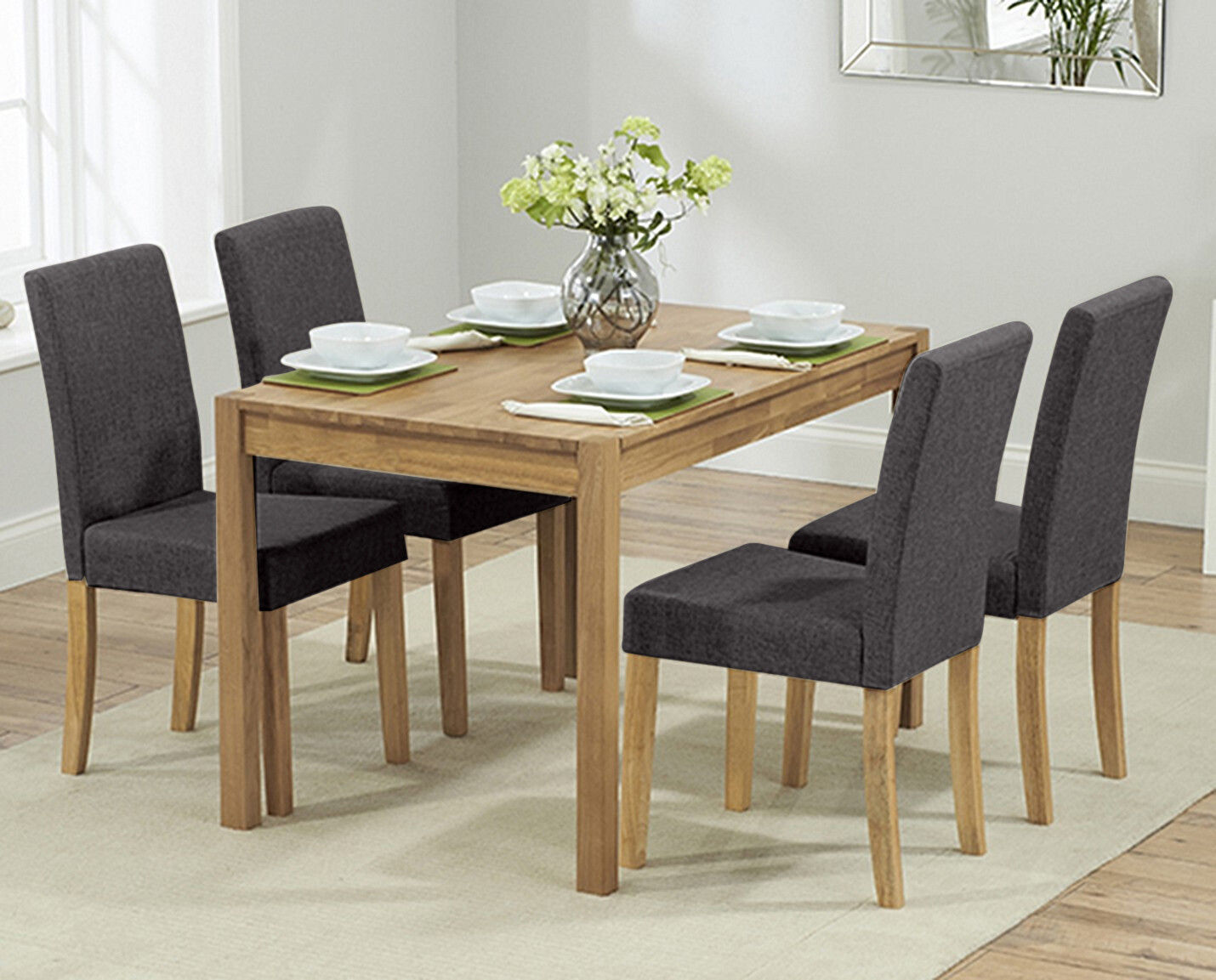 York 120cm Solid Oak Dining Table With 4 Charcoal Grey Lila Fabric Chairs