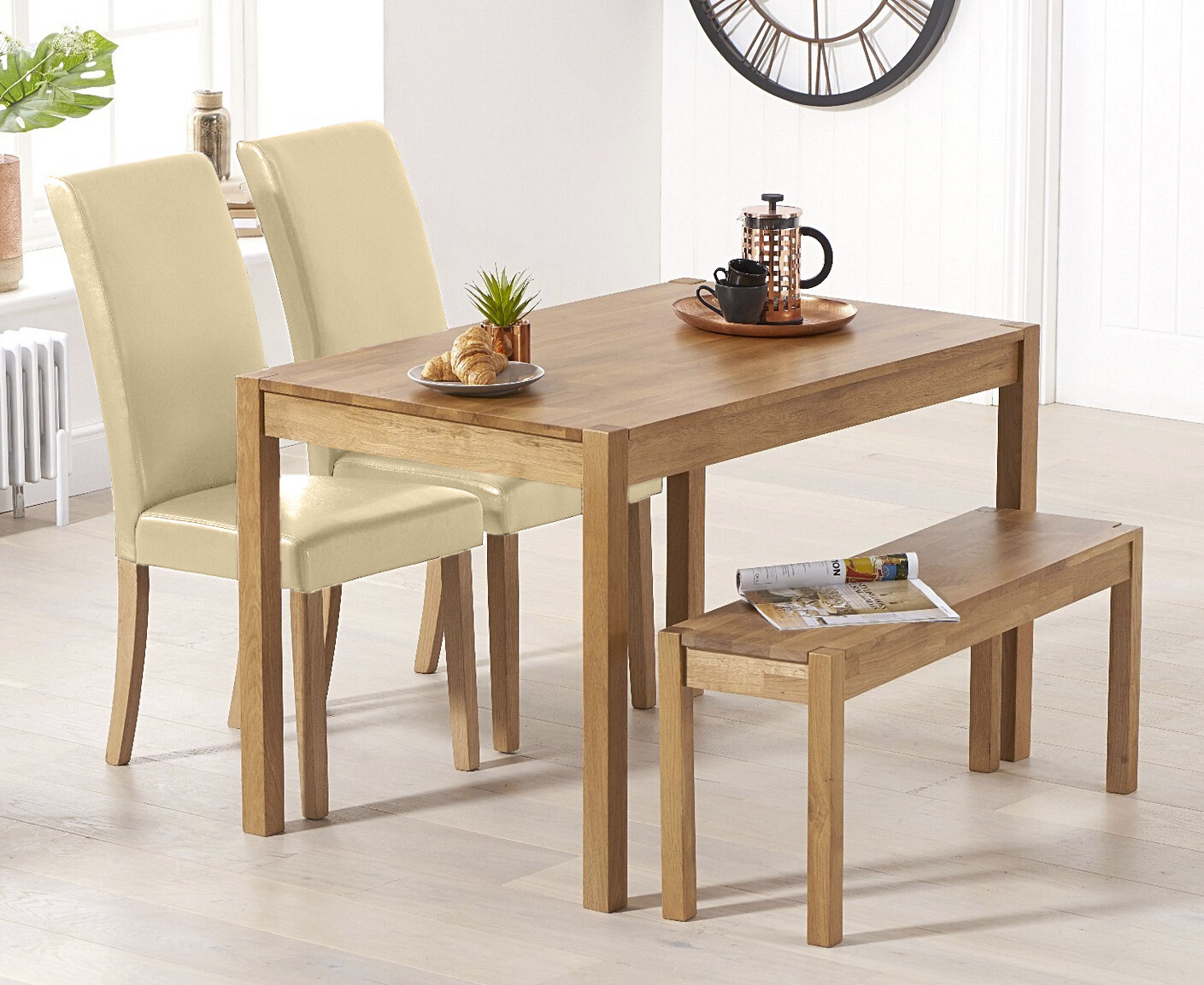 Product photograph of York 120cm Solid Oak Dining Table With 4 Cream Olivia Chairs And 1 York Benches from Oak Furniture Superstore