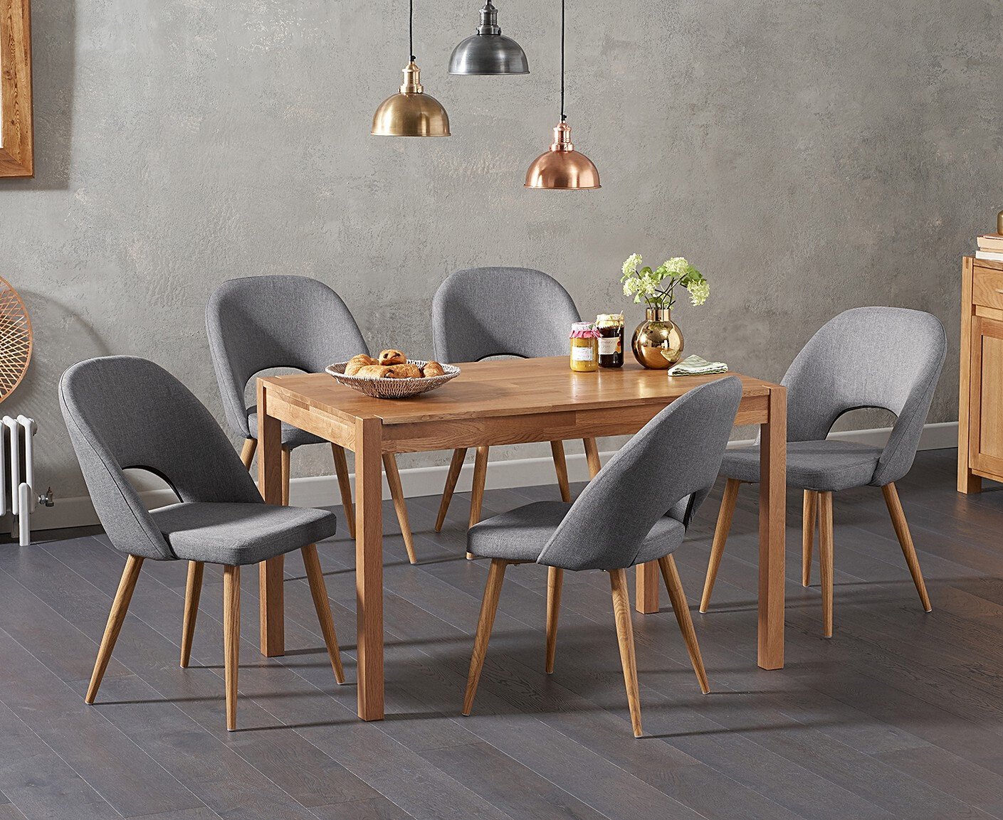 York 120cm Solid Oak Dining Table With 4 Grey Hudson Fabric Chairs