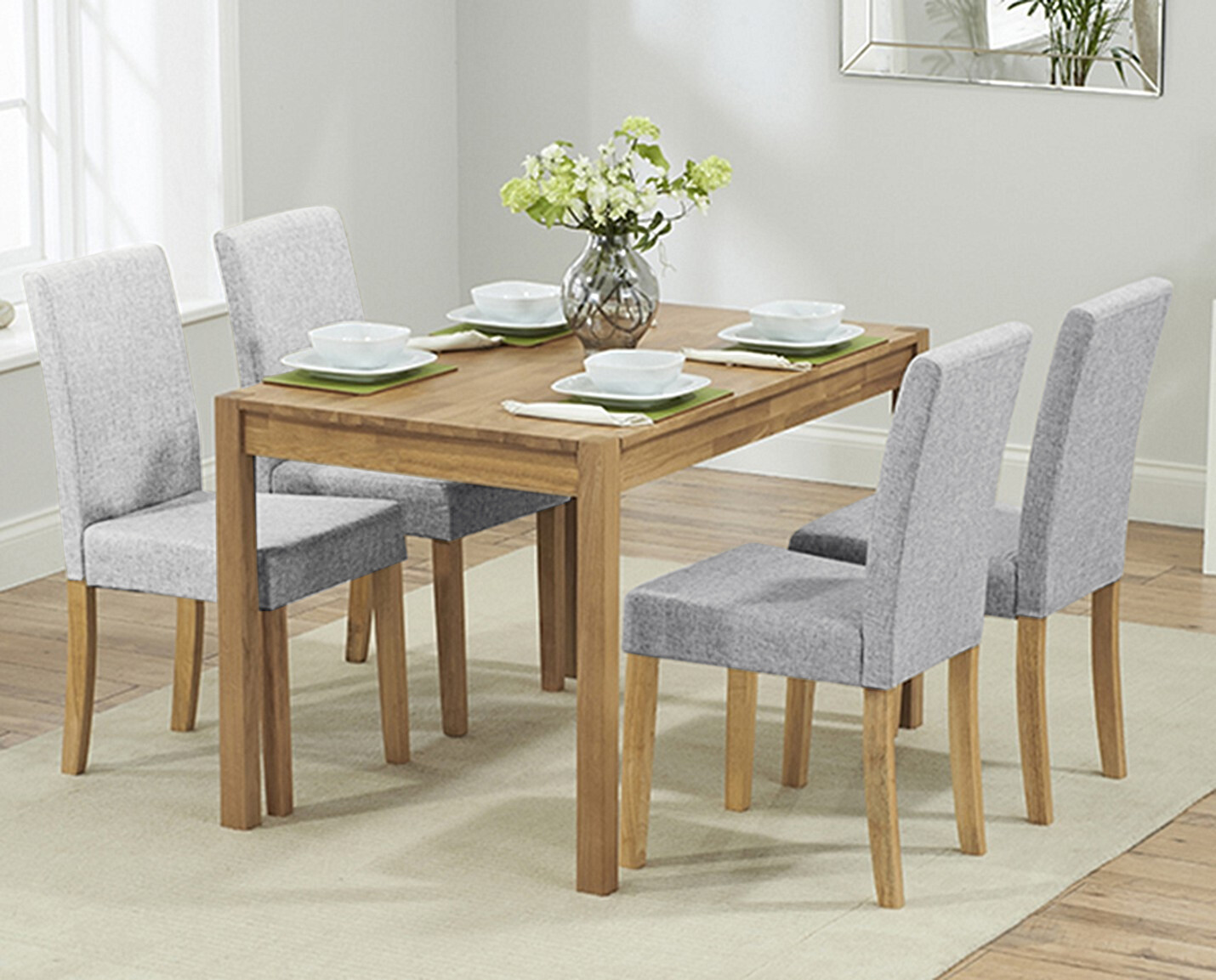 York 120cm Solid Oak Dining Table With 6 Grey Lila Fabric Chairs