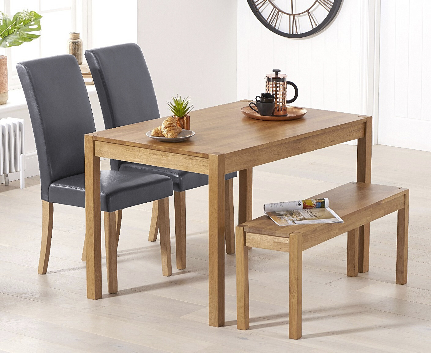 Product photograph of York 120cm Solid Oak Dining Table With 2 Grey Olivia Chairs And 2 York Bencheses from Oak Furniture Superstore
