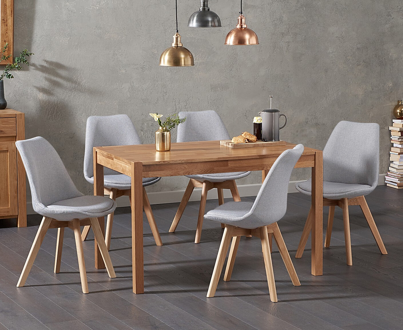 York 120cm Solid Oak Dining Table With 4 Light Grey Orson Fabric Chairs
