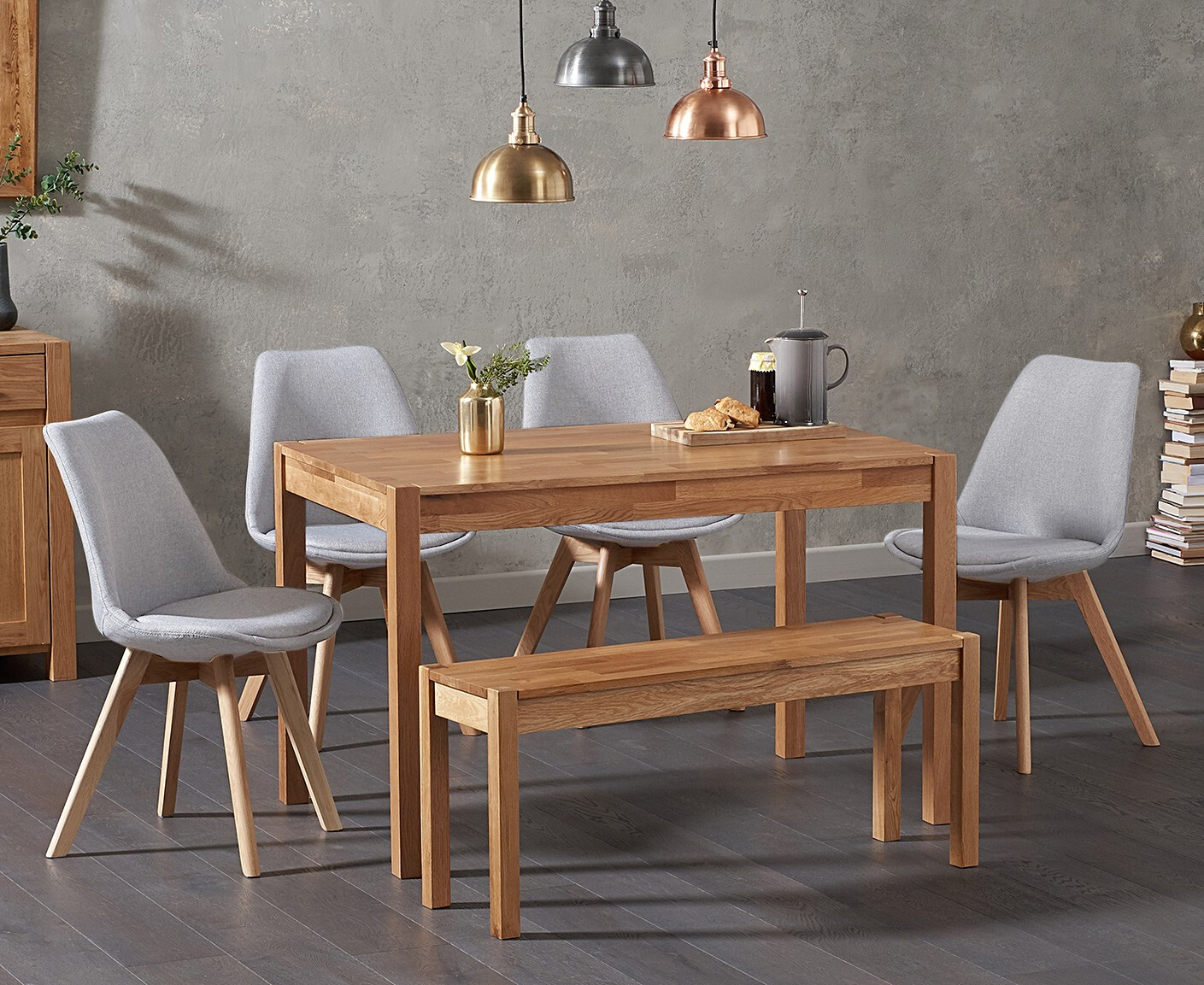 York 120cm Solid Oak Dining Table With 2 Light Grey Orson Fabric Chairs And 1 Bench