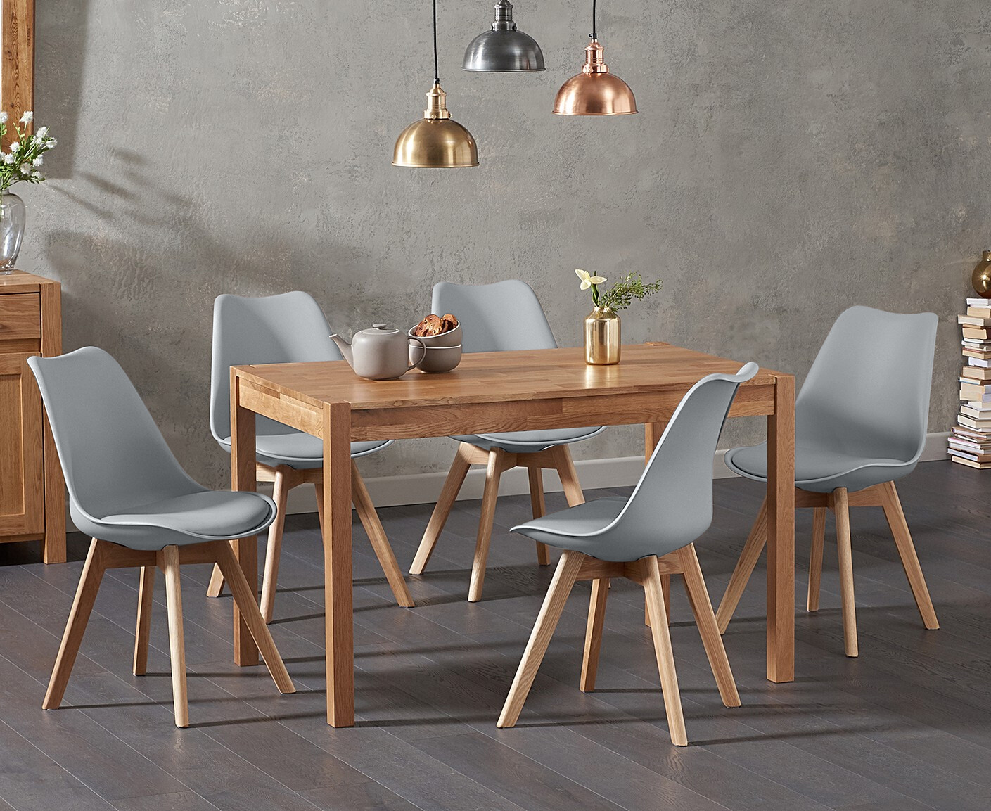 Product photograph of York 120cm Solid Oak Dining Table With 4 Light Grey Orson Faux Leather Chairs from Oak Furniture Superstore