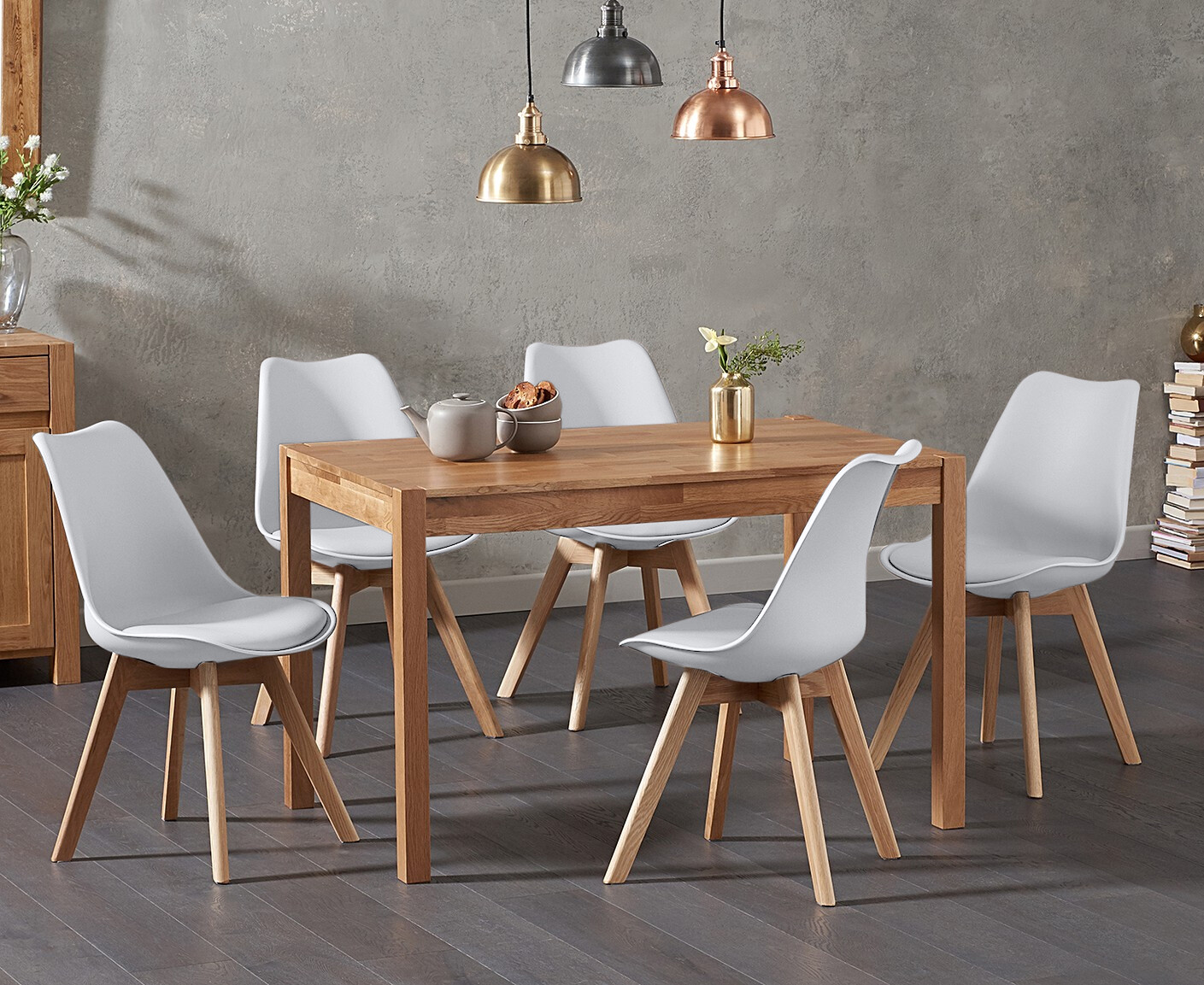 York 120cm Solid Oak Dining Table With 4 White Orson Faux Leather Chairs