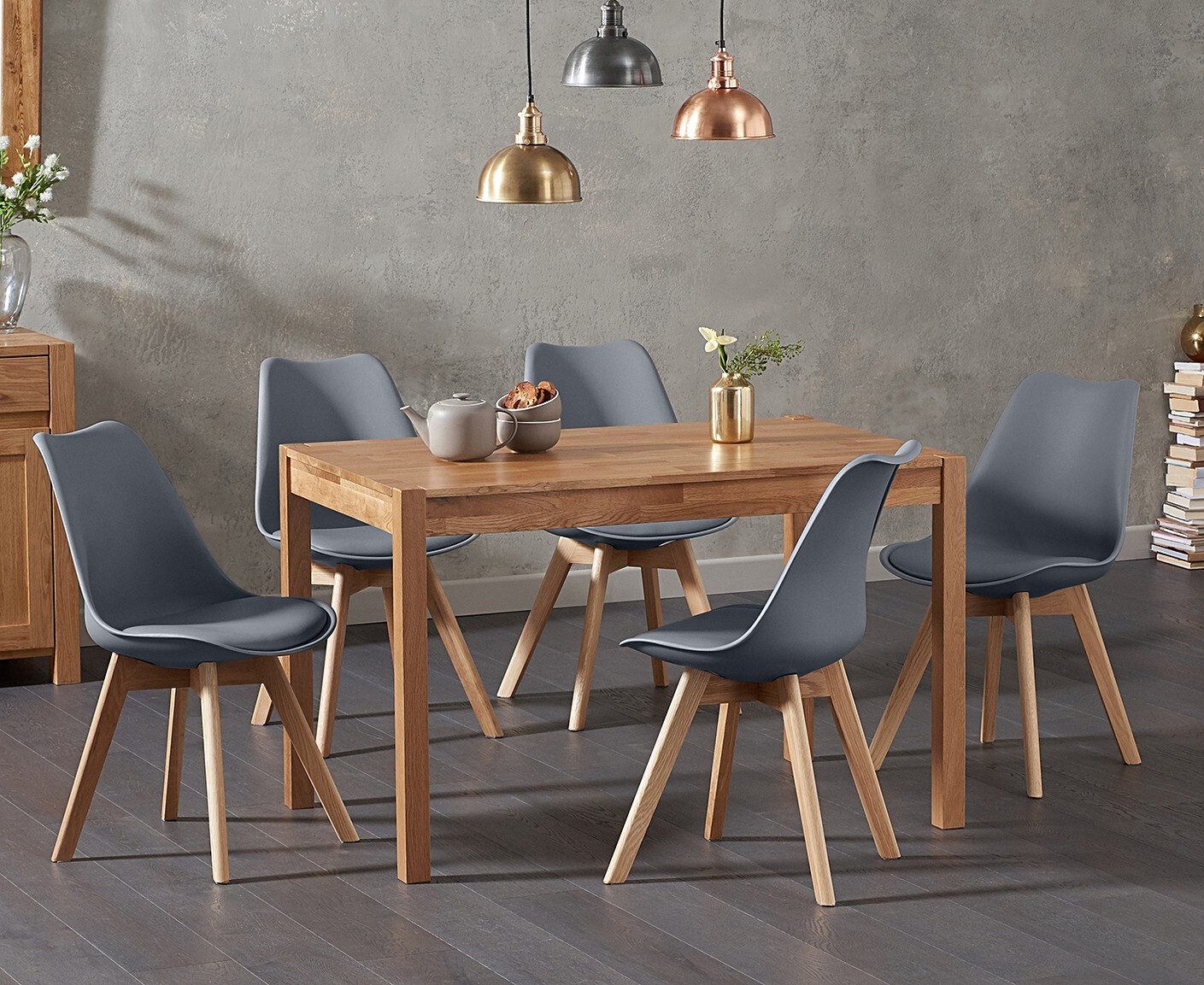 York 120cm Solid Oak Dining Table With 6 Dark Grey Orson Faux Leather Chairs