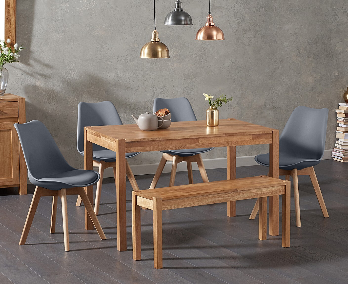Product photograph of York 120cm Solid Oak Dining Table With 2 Dark Grey Orson Faux Leather Chairs And 1 York Bench from Oak Furniture Superstore