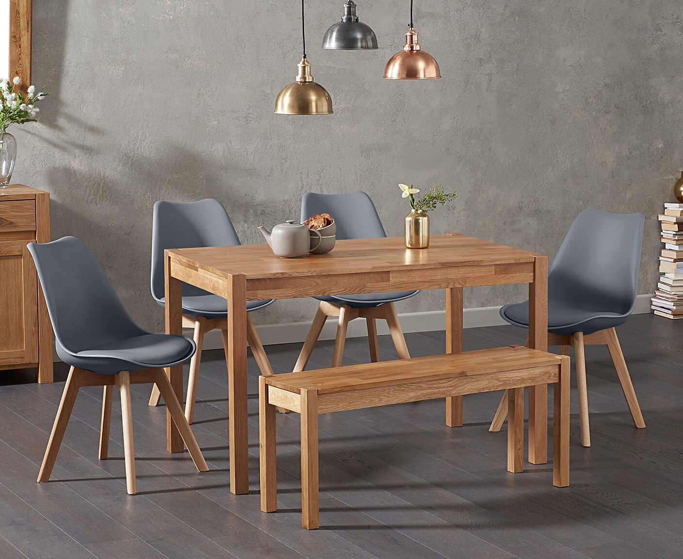 York 120cm Solid Oak Dining Table With 4 Dark Grey Orson Faux Leather Chairs And 2 York Benches